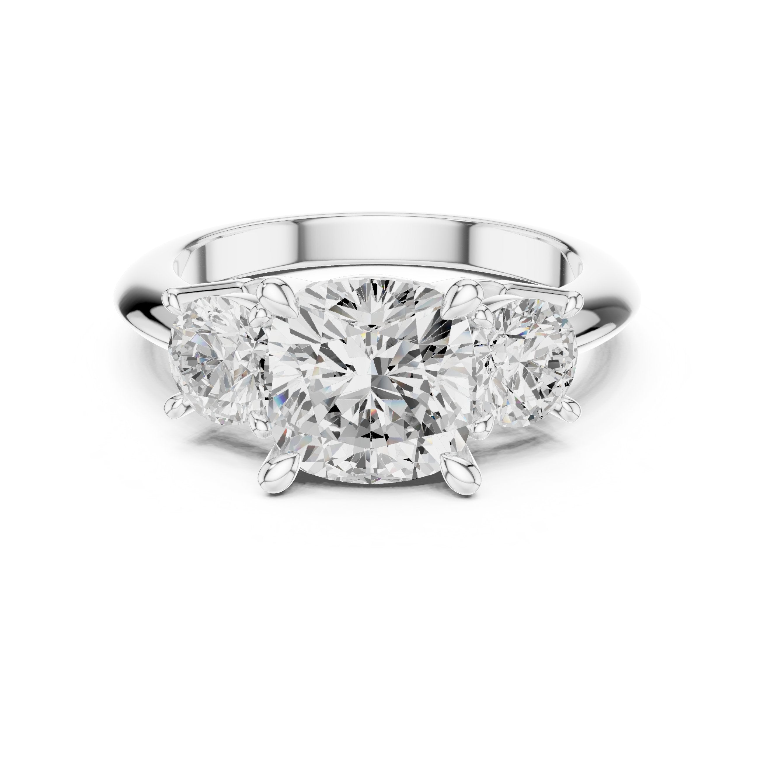 Cushion Cut Three Stone Engagement Ring with Round Sides in White Gold - VYKA Diamonds