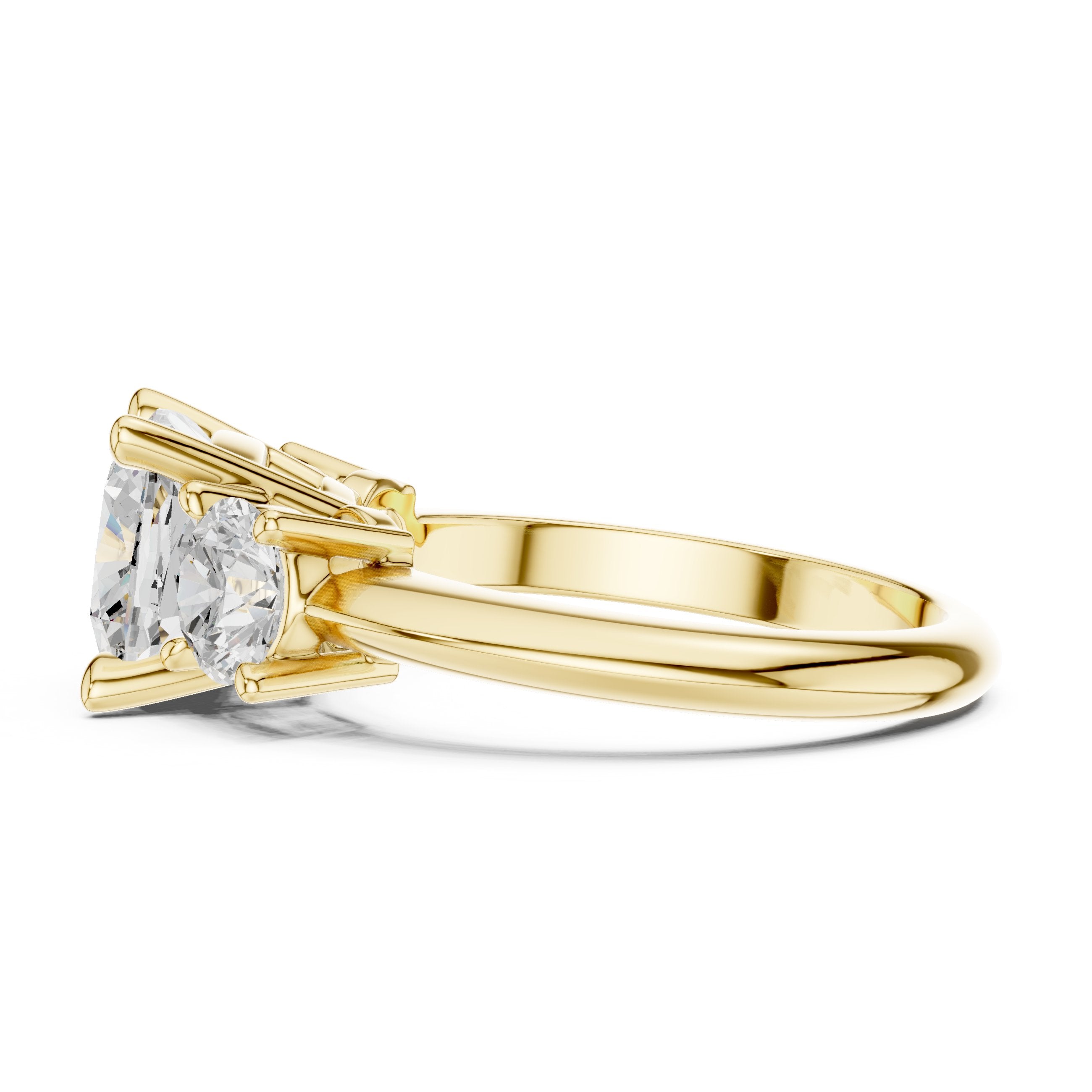 Cushion Cut Three Stone Engagement Ring with Round Sides in Yellow Gold - VYKA Diamonds