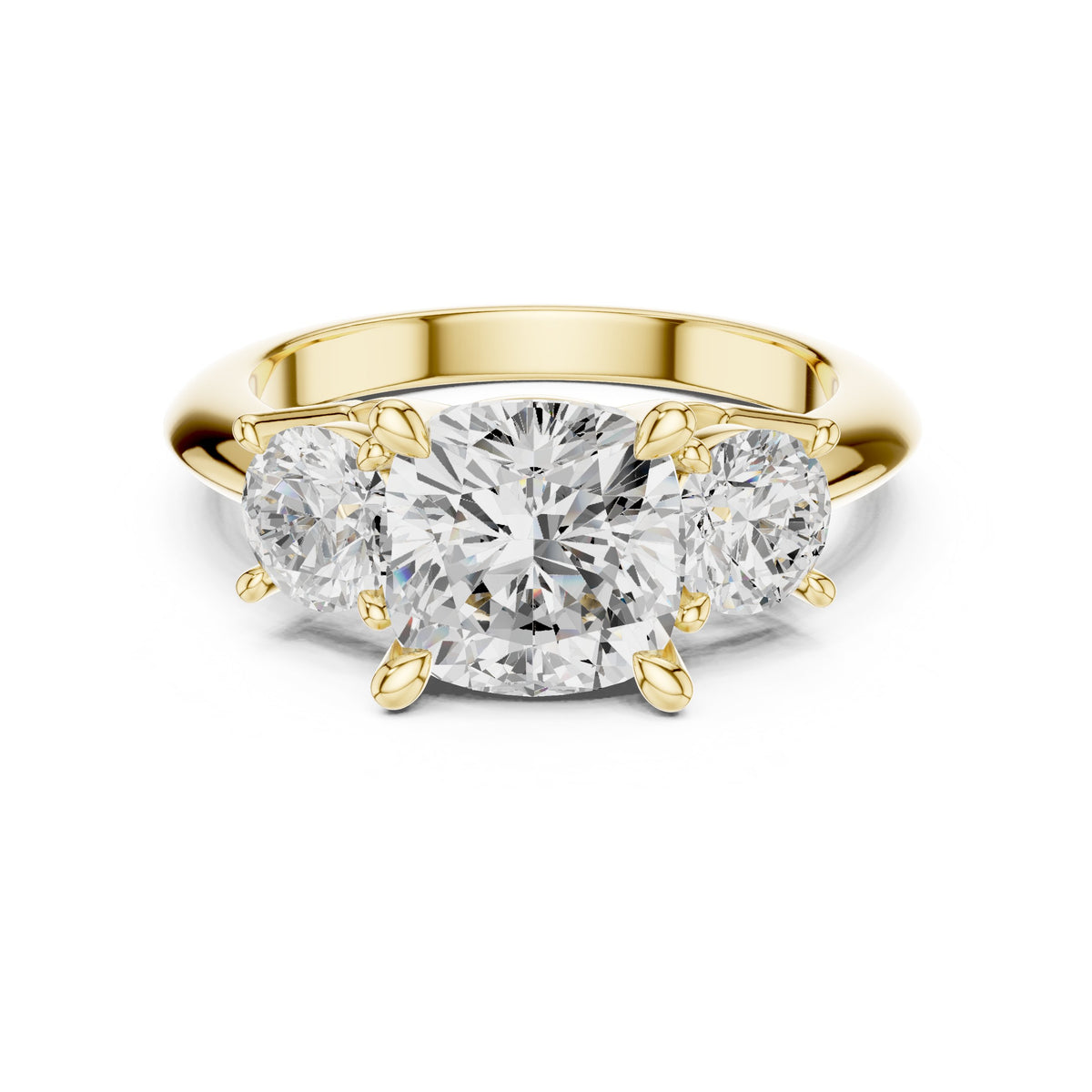Cushion Cut Three Stone Engagement Ring with Round Sides