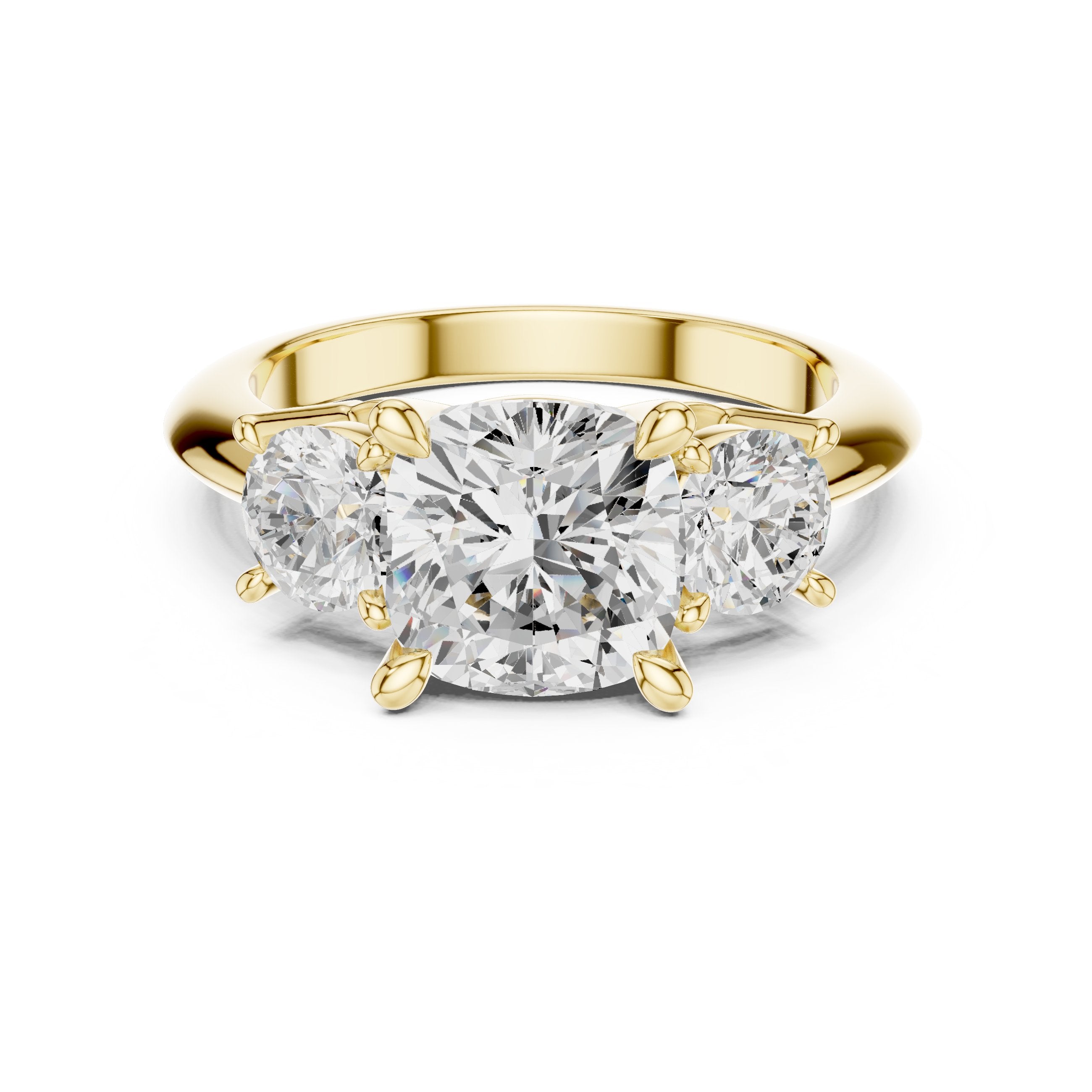 Cushion Cut Three Stone Engagement Ring with Round Sides in Yellow Gold - VYKA Diamonds