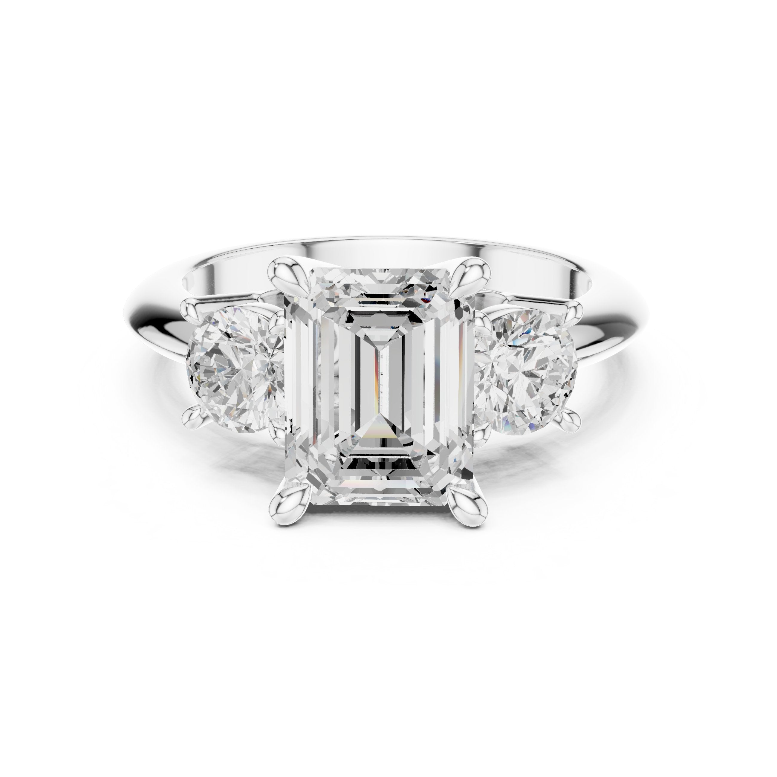 Emerald Cut Three Stone Engagement Ring with Round Sides in White Gold - VYKA Diamonds