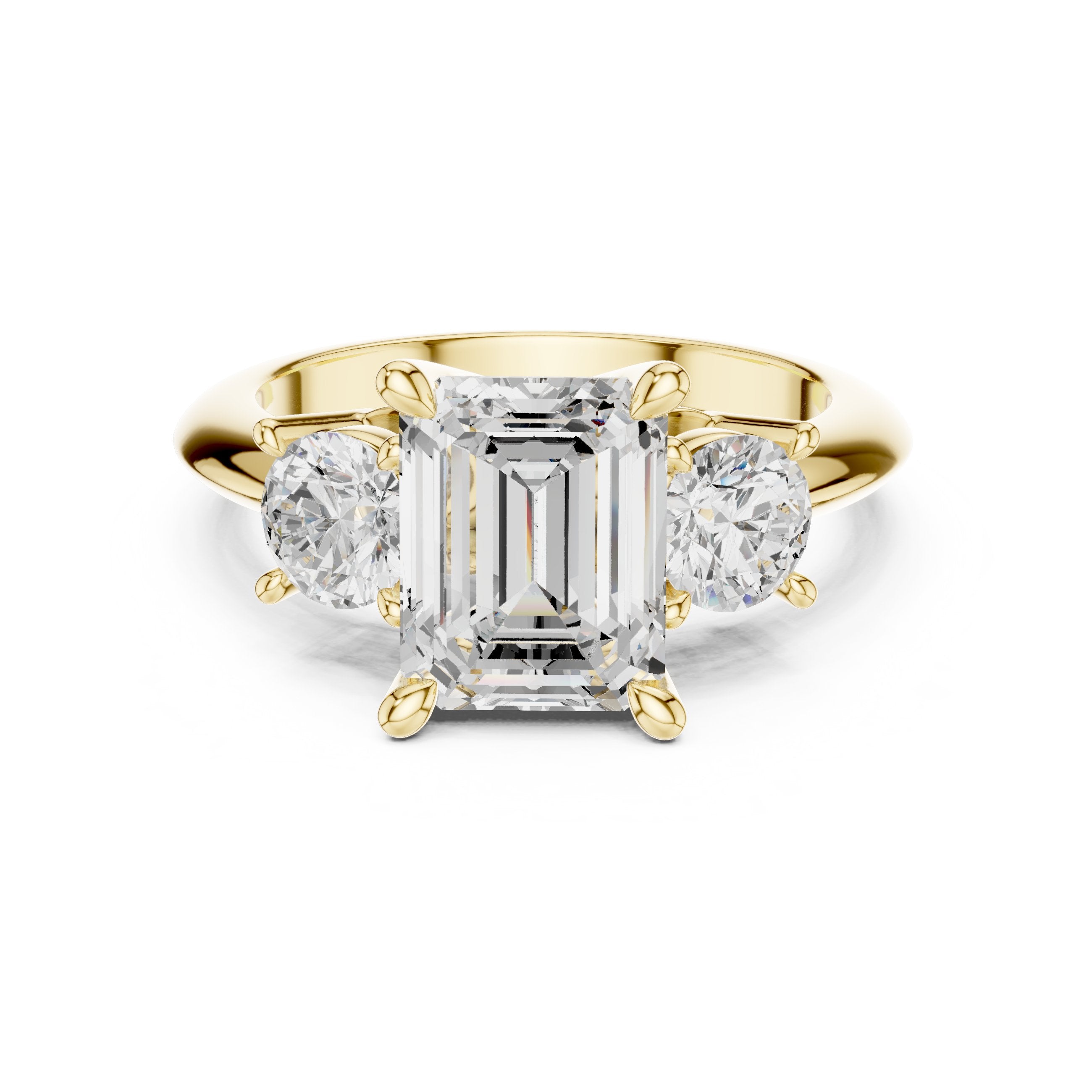 Emerald Cut Three Stone Engagement Ring with Round Sides in Yellow Gold - VYKA Diamonds