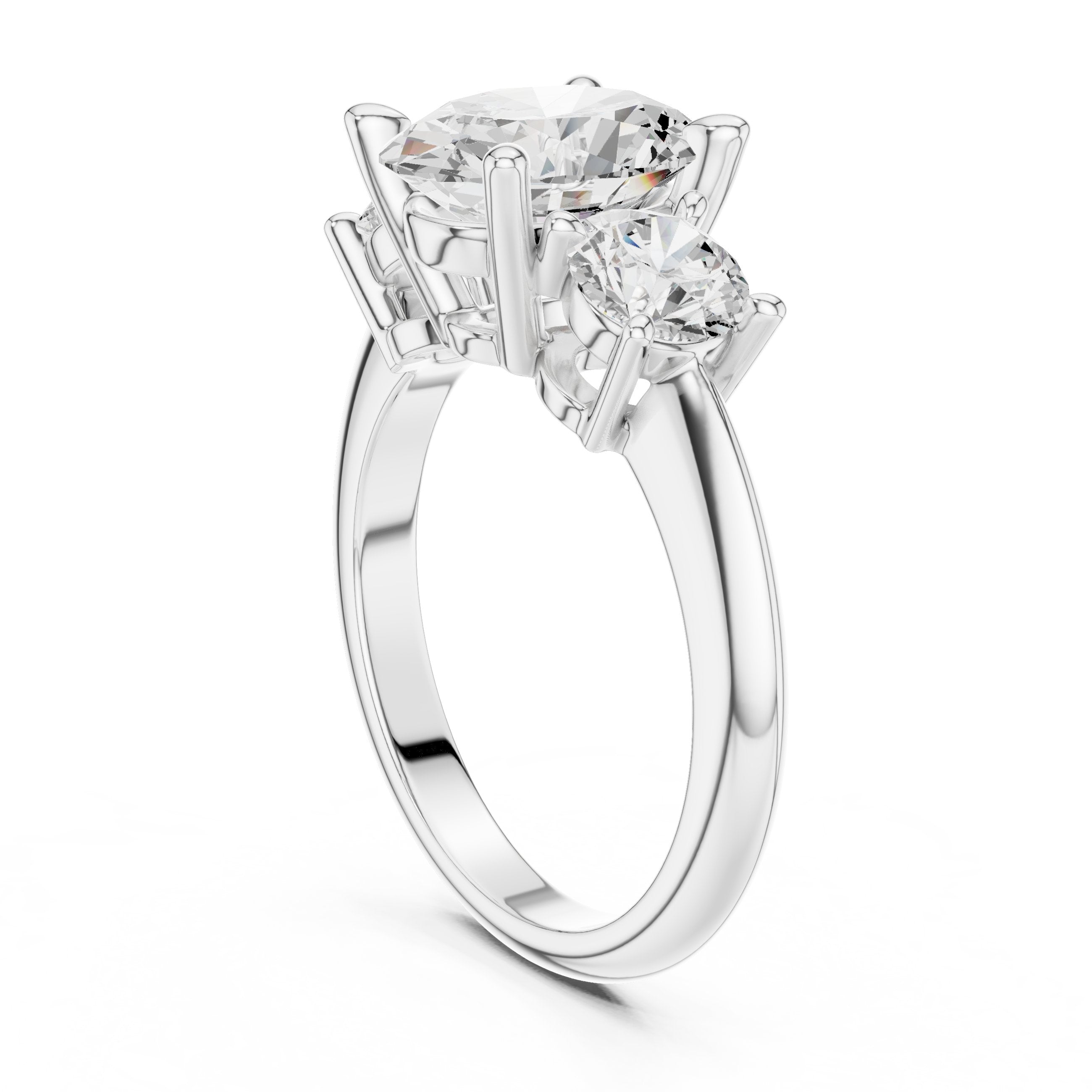 Oval Diamond Three Stone Engagement Ring with Round Sides in White Gold - VYKA Diamonds