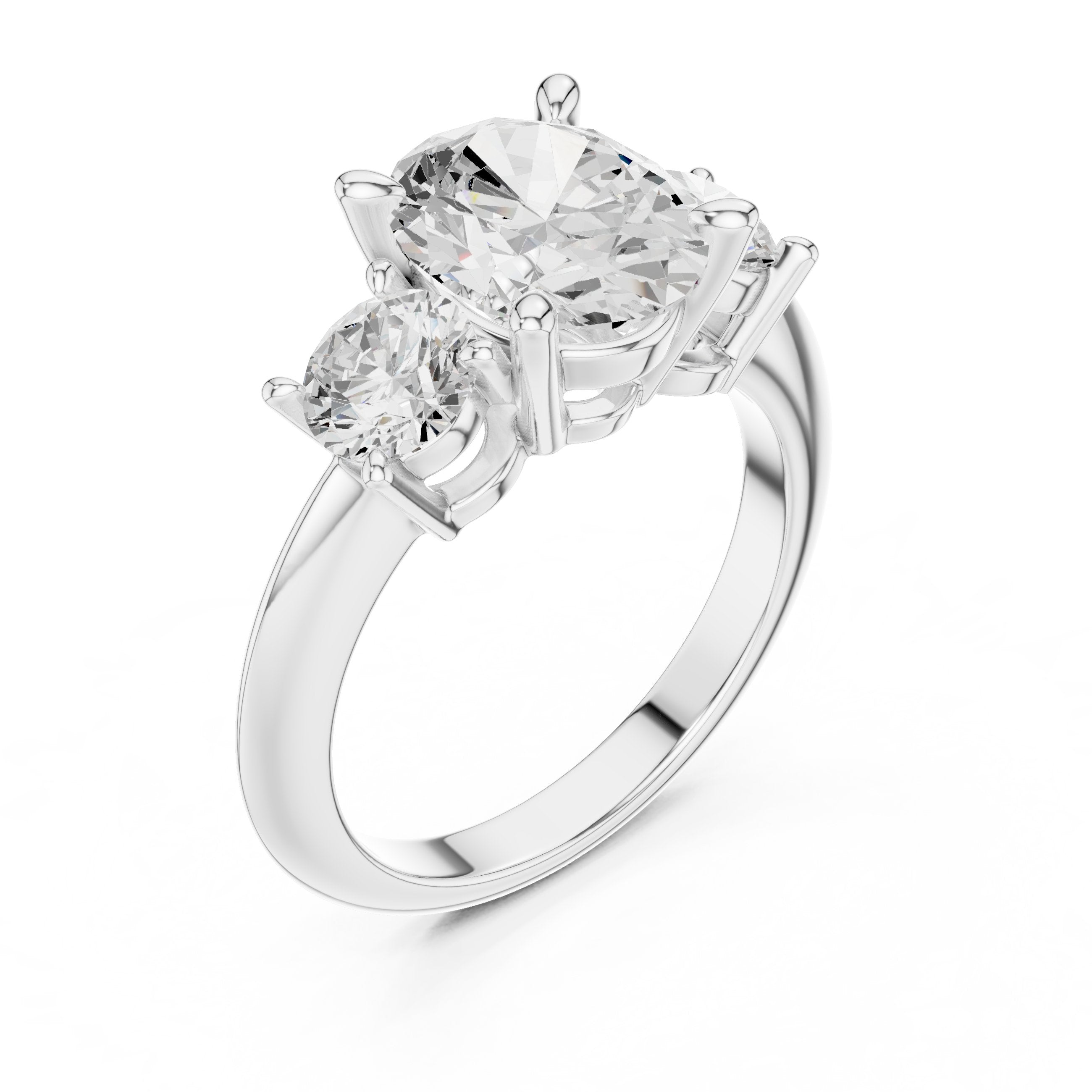 Oval Diamond Three Stone Engagement Ring with Round Sides in White Gold - VYKA Diamonds