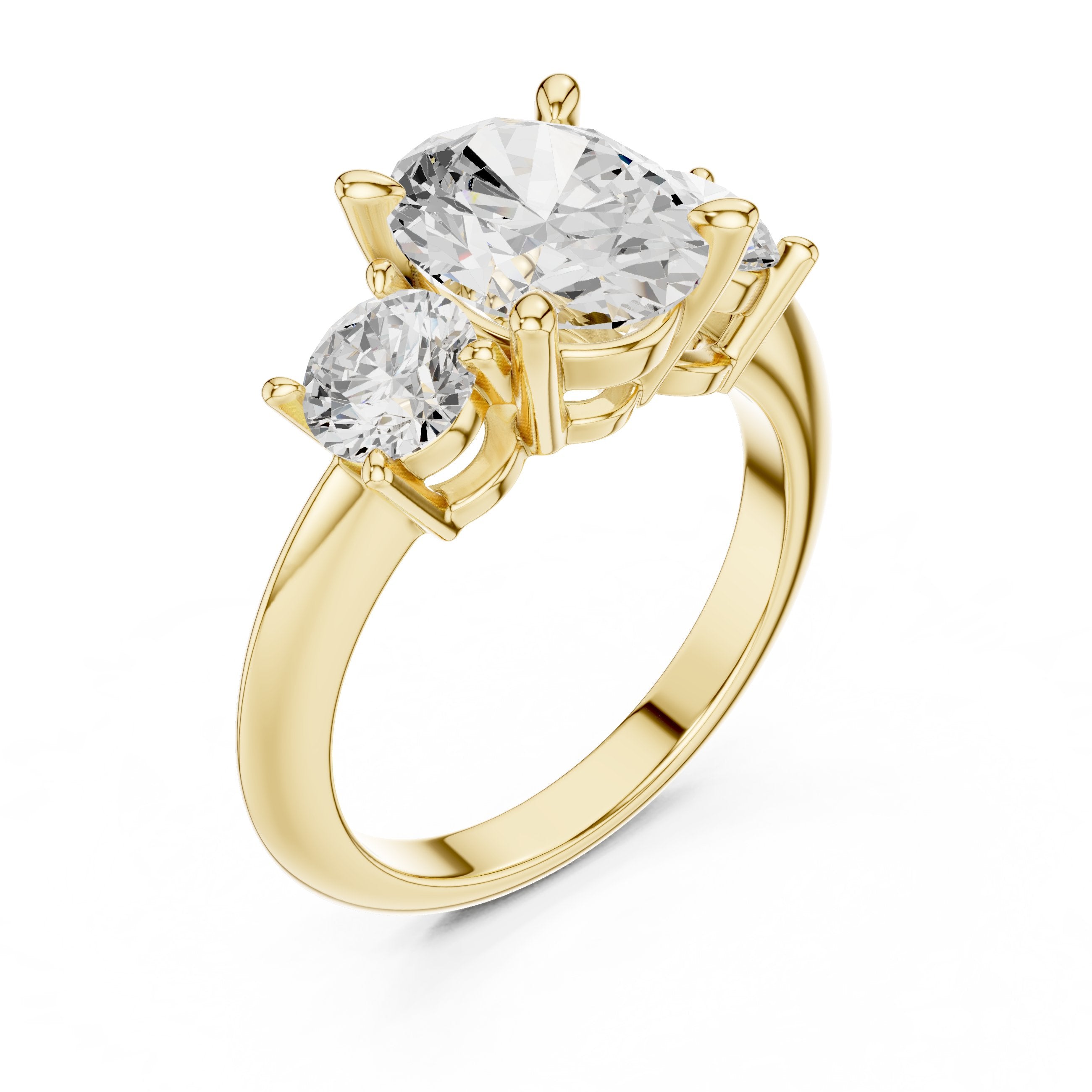 Oval Diamond Three Stone Engagement Ring with Round Sides in Yellow Gold - VYKA Diamonds