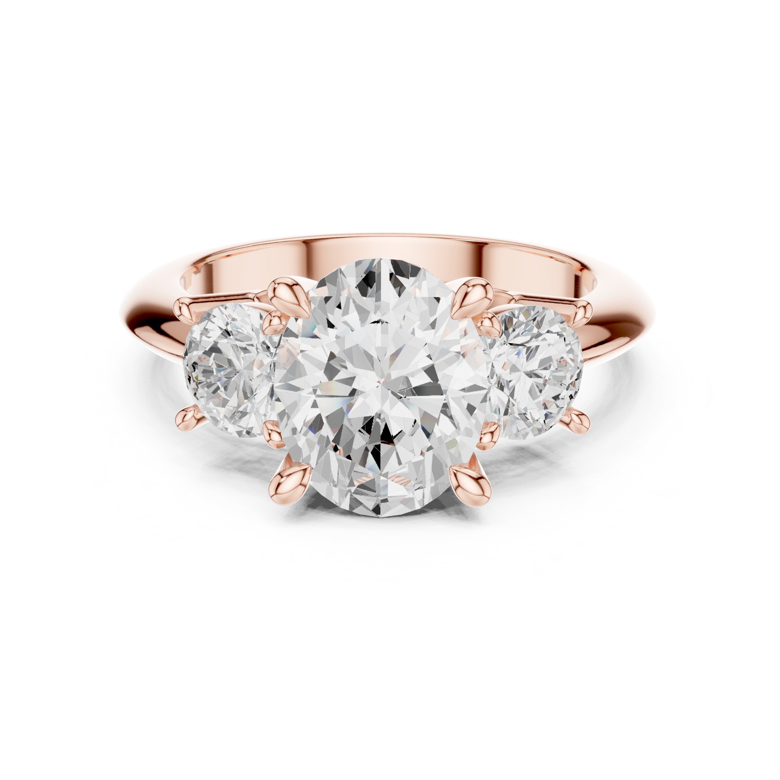 Oval Diamond Three Stone Engagement Ring with Round Sides in Rose Gold - VYKA Diamonds