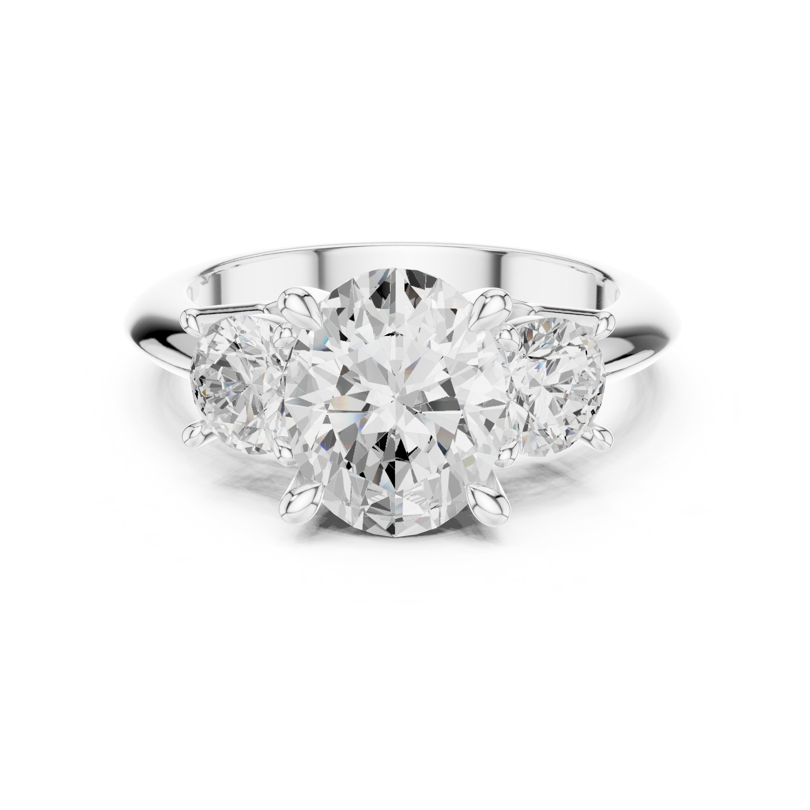 Oval Diamond Three Stone Engagement Ring with Round Sides in White Gold - VYKA Diamonds