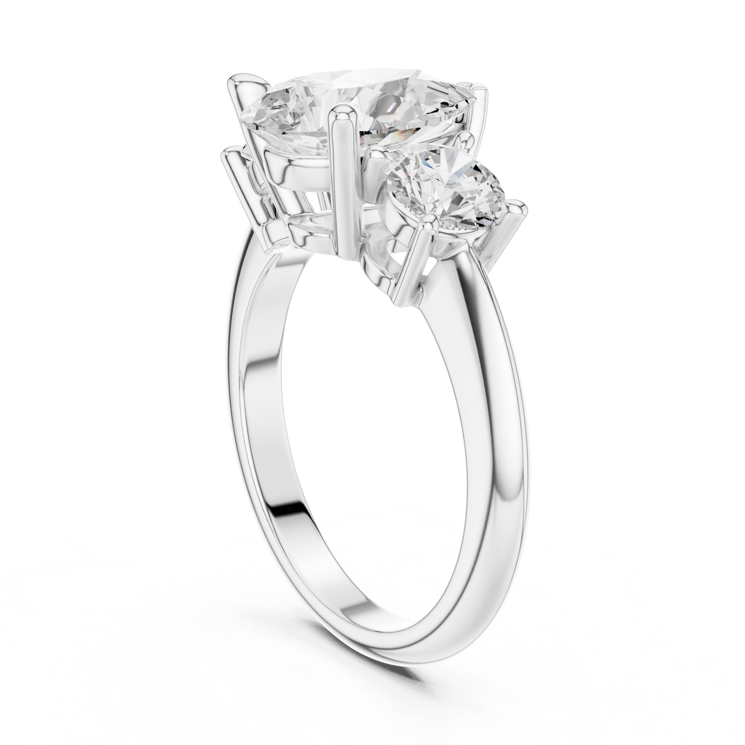 Pear Diamond Three Stone Engagement Ring with Round Sides in White Gold - VYKA Diamonds