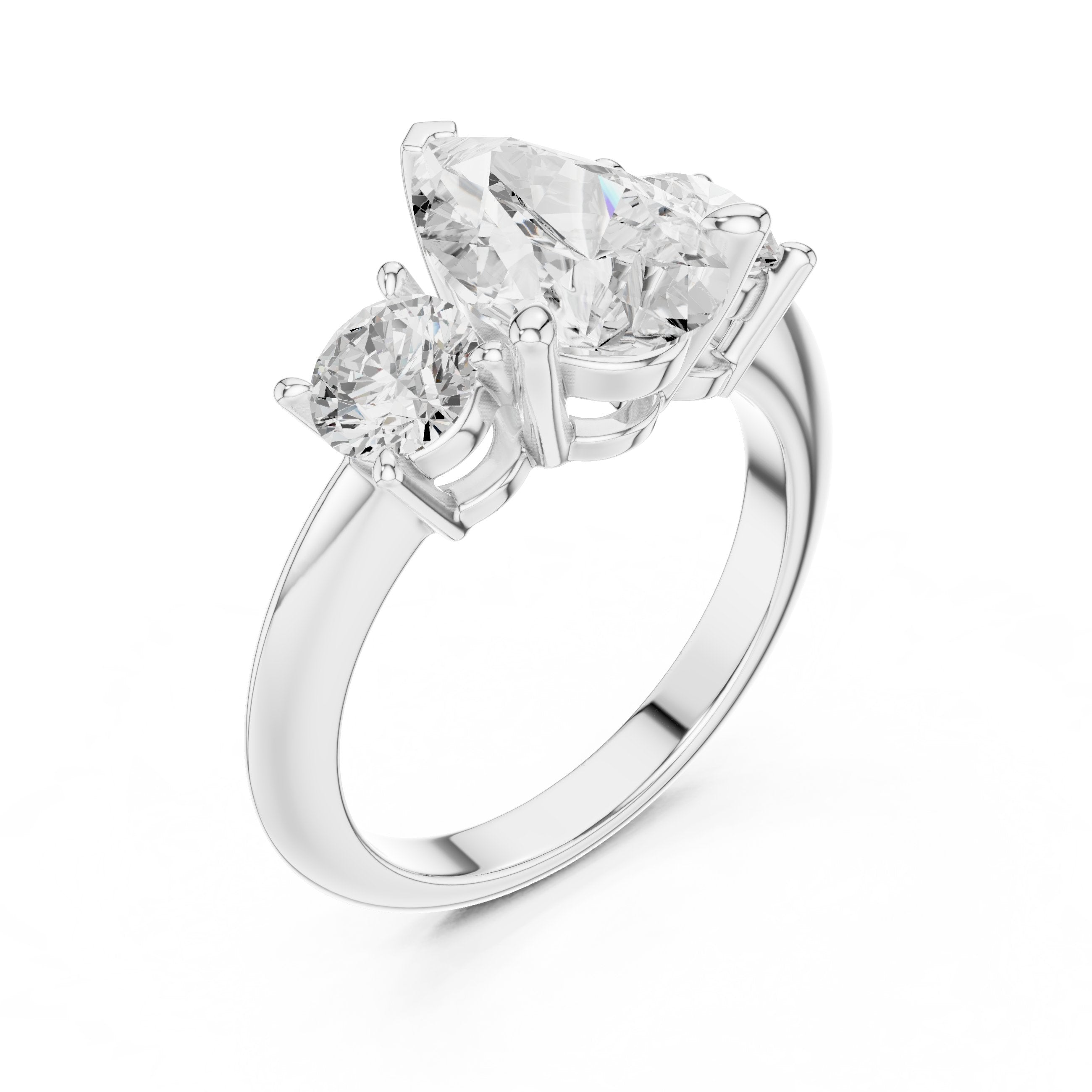 Pear Diamond Three Stone Engagement Ring with Round Sides in White Gold - VYKA Diamonds