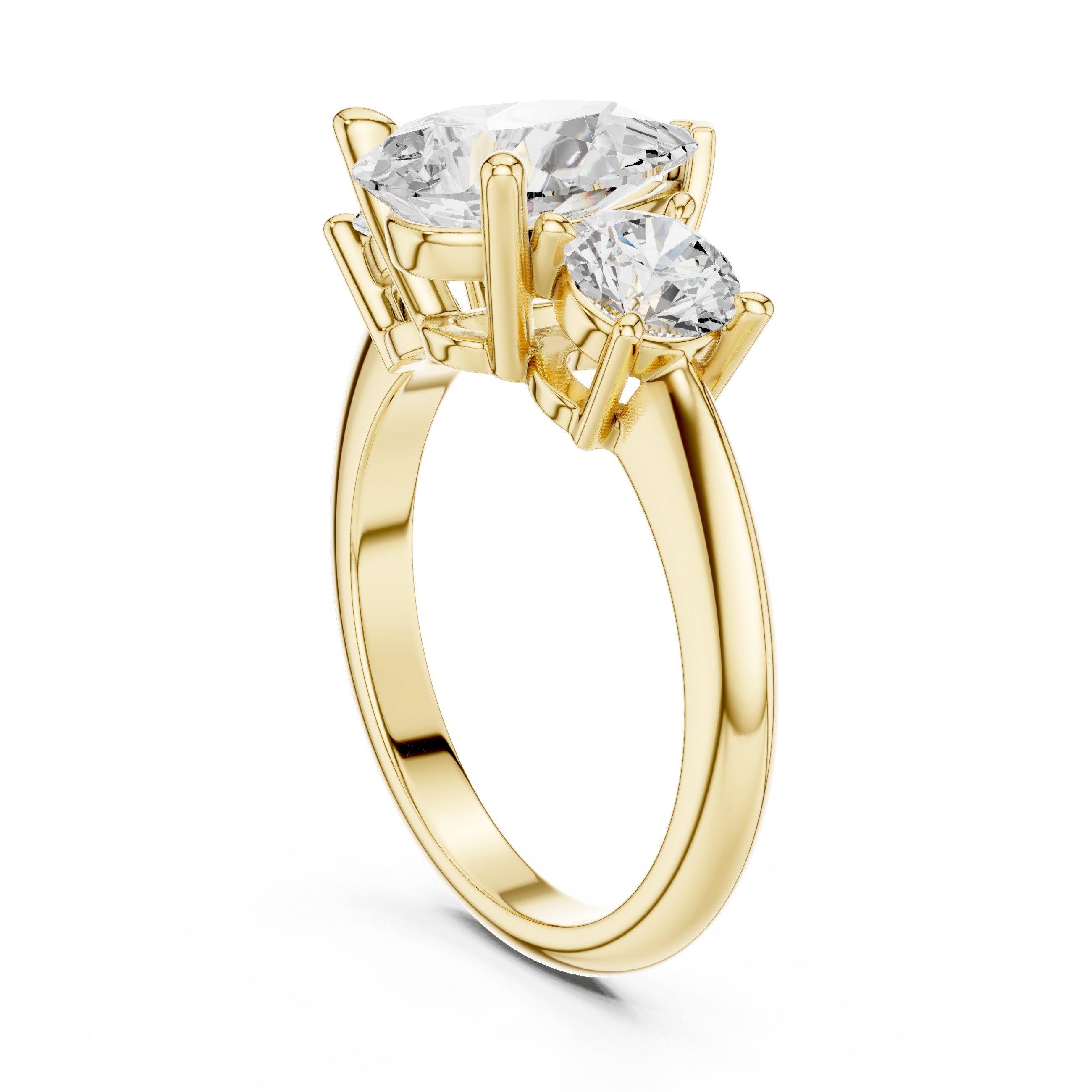 Pear Diamond Three Stone Engagement Ring with Round Sides in Yellow Gold - VYKA Diamonds