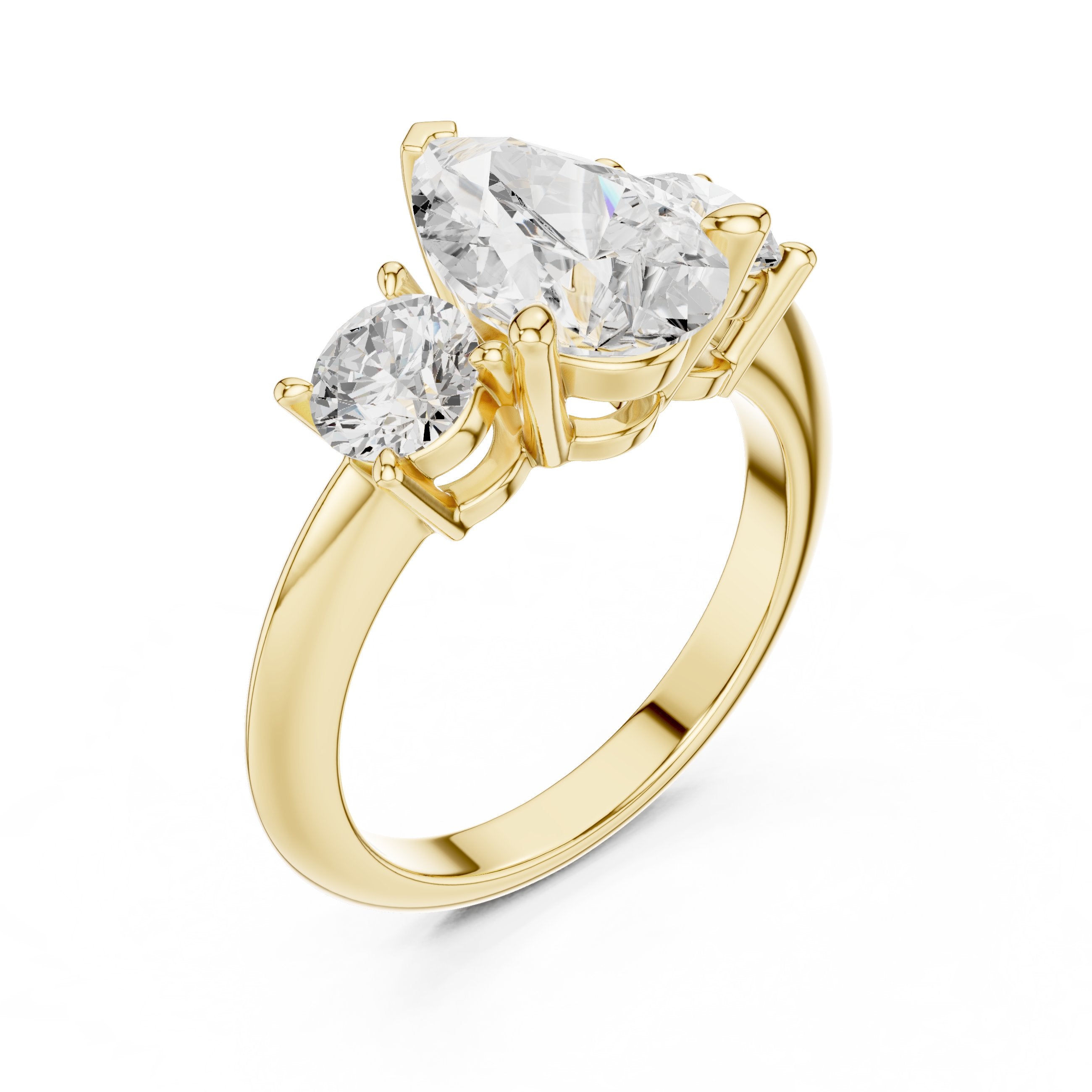 Pear Diamond Three Stone Engagement Ring with Round Sides in Yellow Gold - VYKA Diamonds