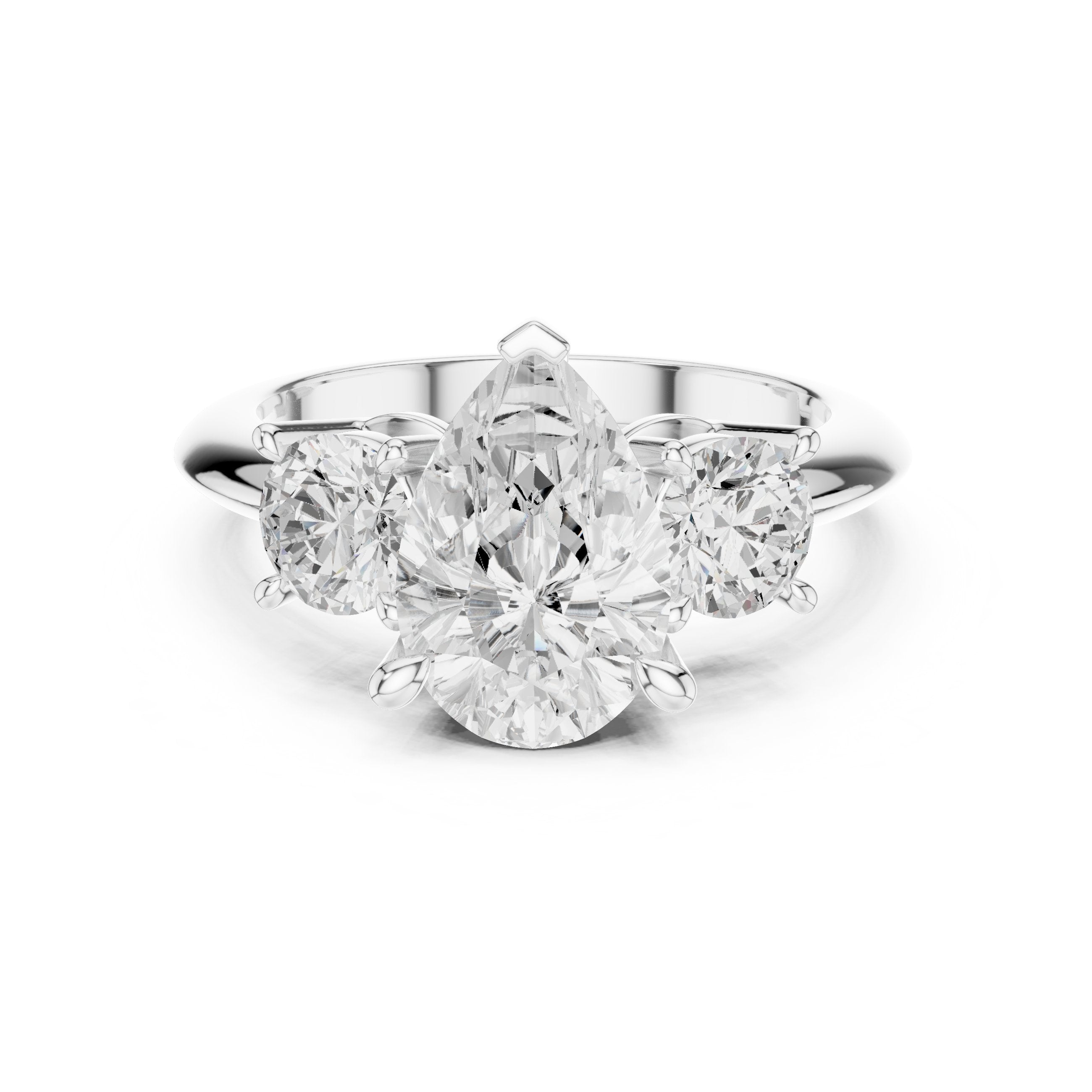 Pear Diamond Three Stone Engagement Ring with Round Sides in White Gold - VYKA Diamonds