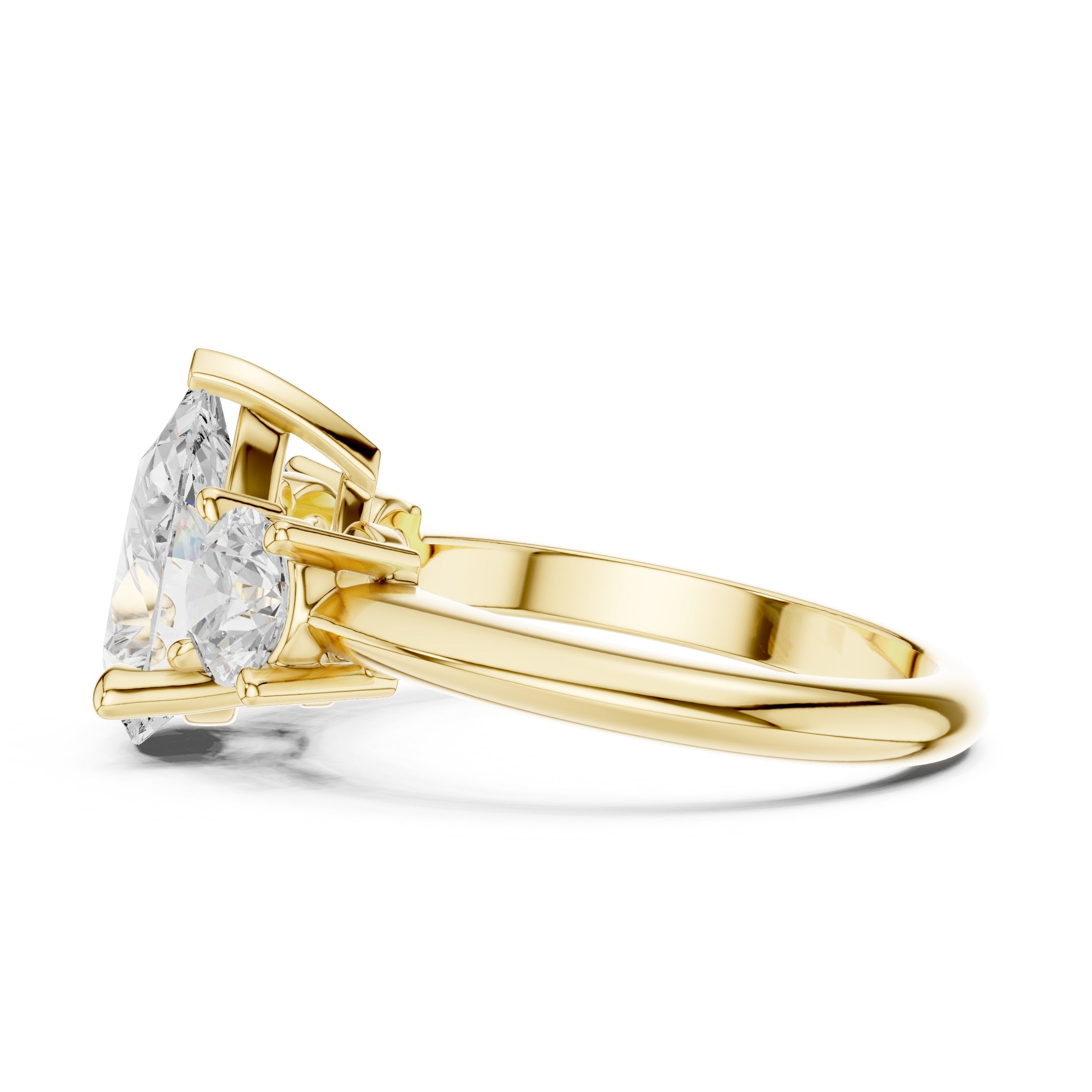Pear Diamond Three Stone Engagement Ring with Round Sides in Yellow Gold - VYKA Diamonds