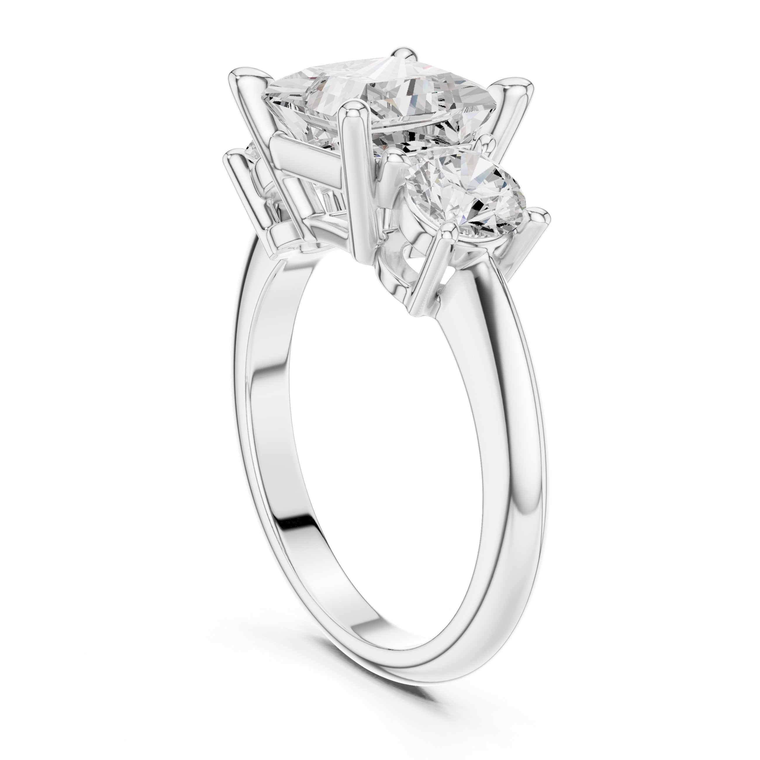 Princess Cut Three Stone Engagement Ring with Round Sides in White Gold - VYKA Diamonds