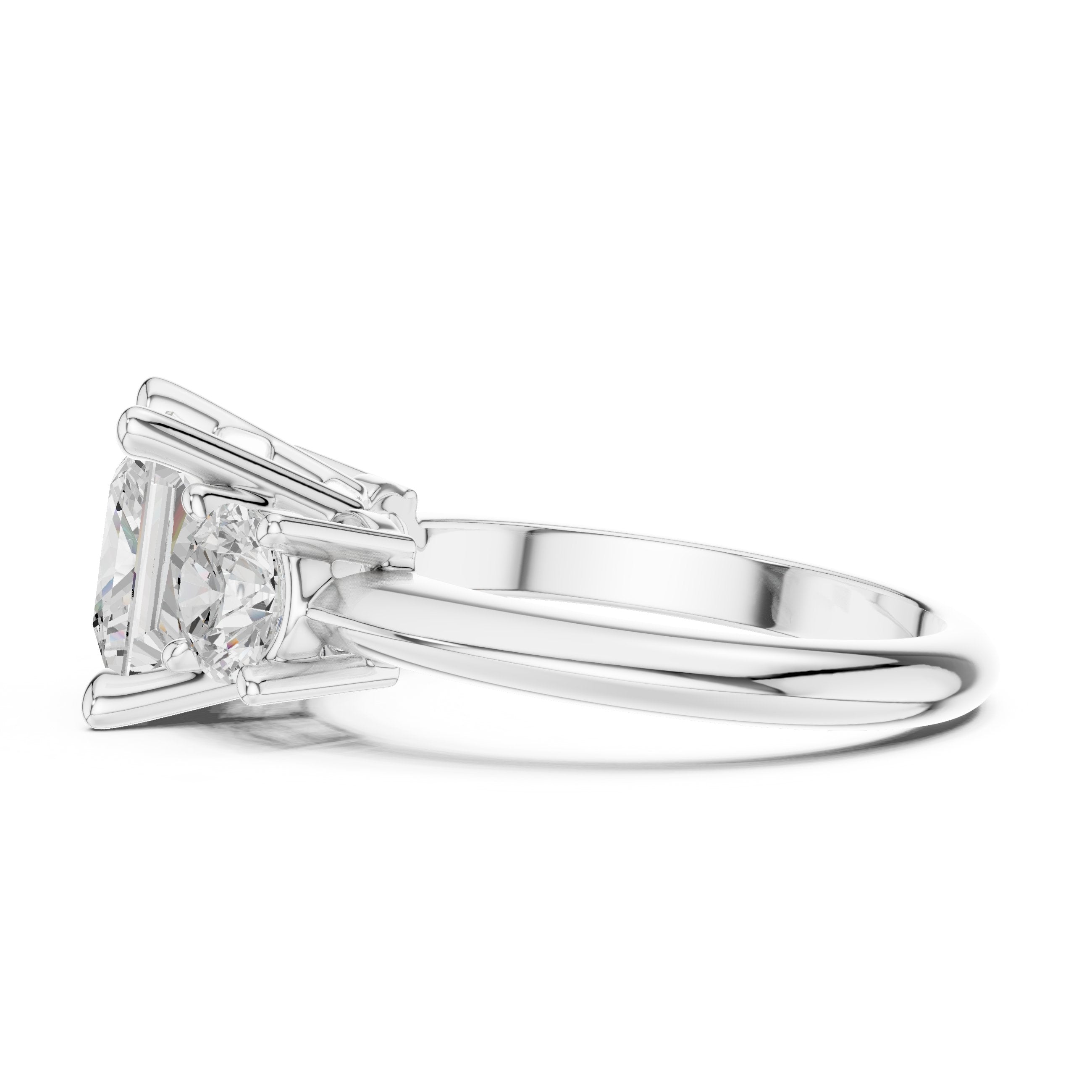 Princess Cut Three Stone Engagement Ring with Round Sides in White Gold - VYKA Diamonds