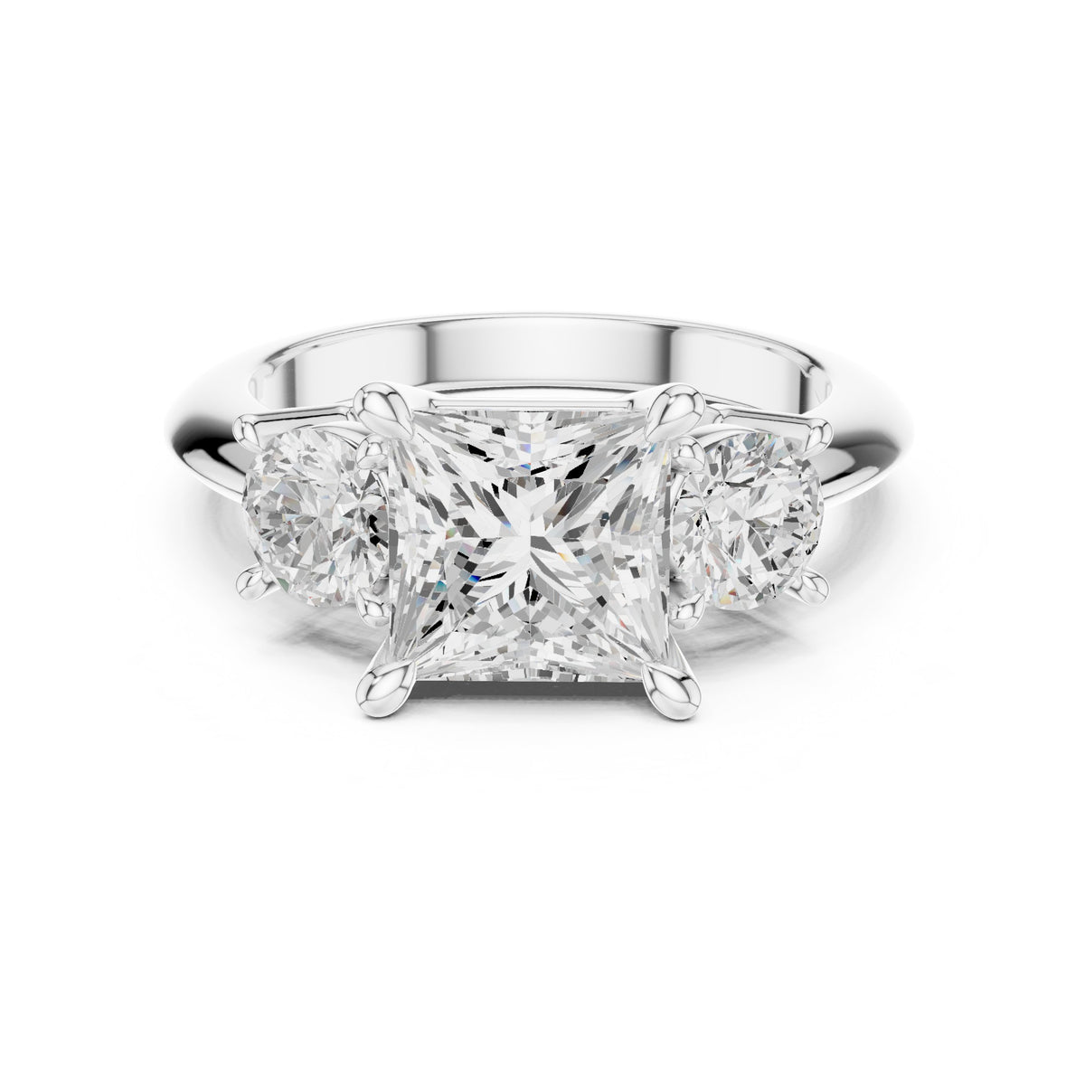 Princess Cut Three Stone Engagement Ring with Round Sides