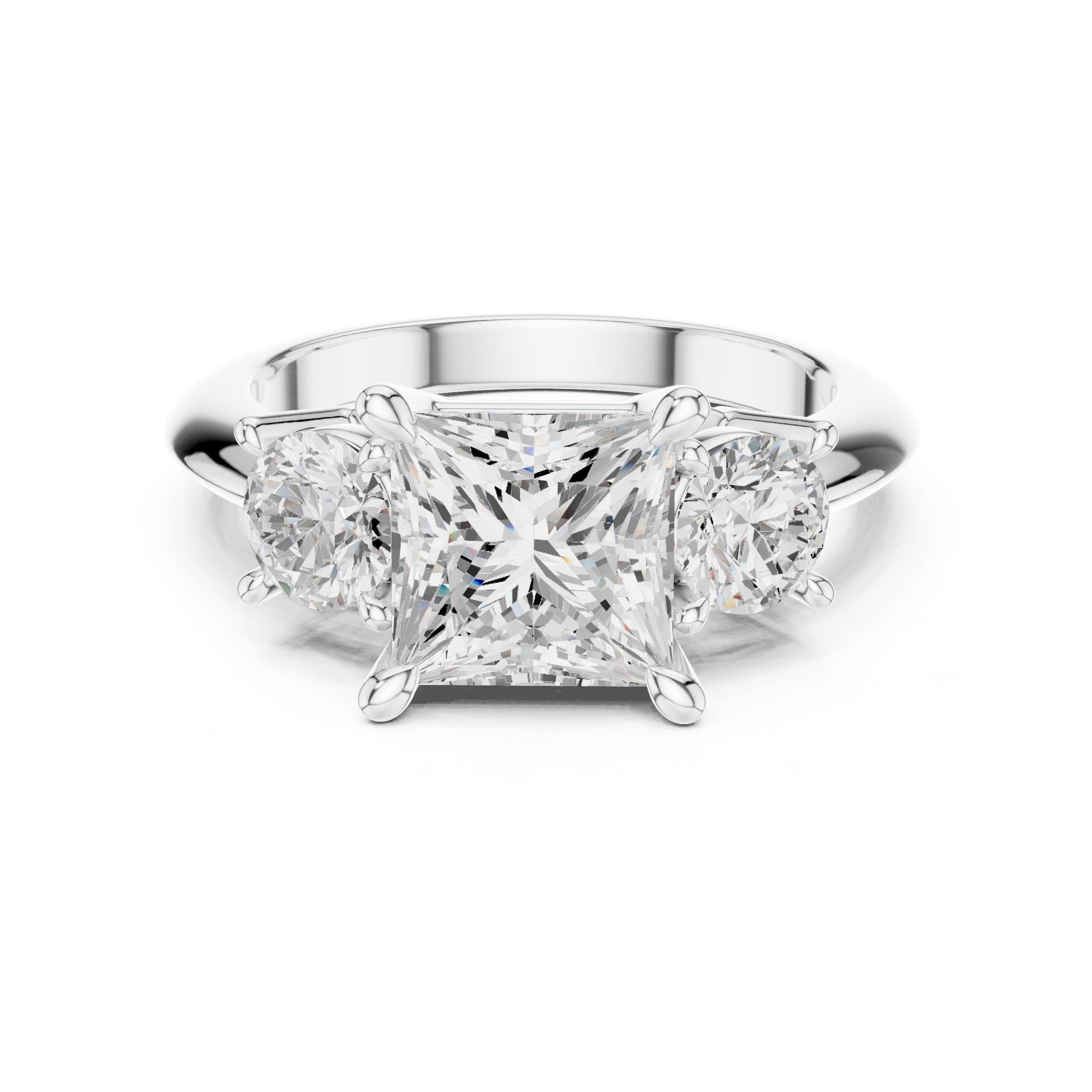 Princess Cut Three Stone Engagement Ring with Round Sides in White Gold - VYKA Diamonds