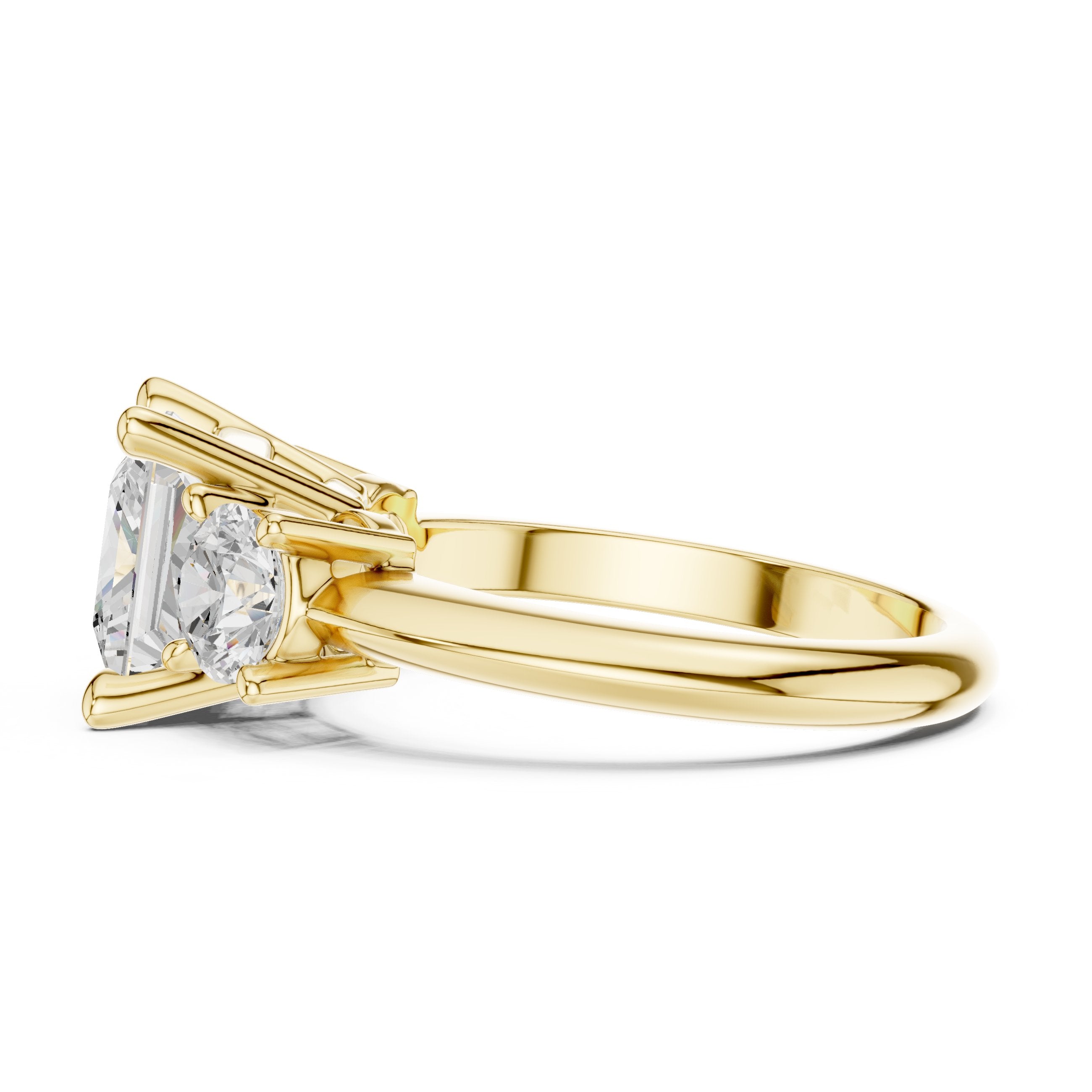 Princess Cut Three Stone Engagement Ring with Round Sides in Yellow Gold - VYKA Diamonds