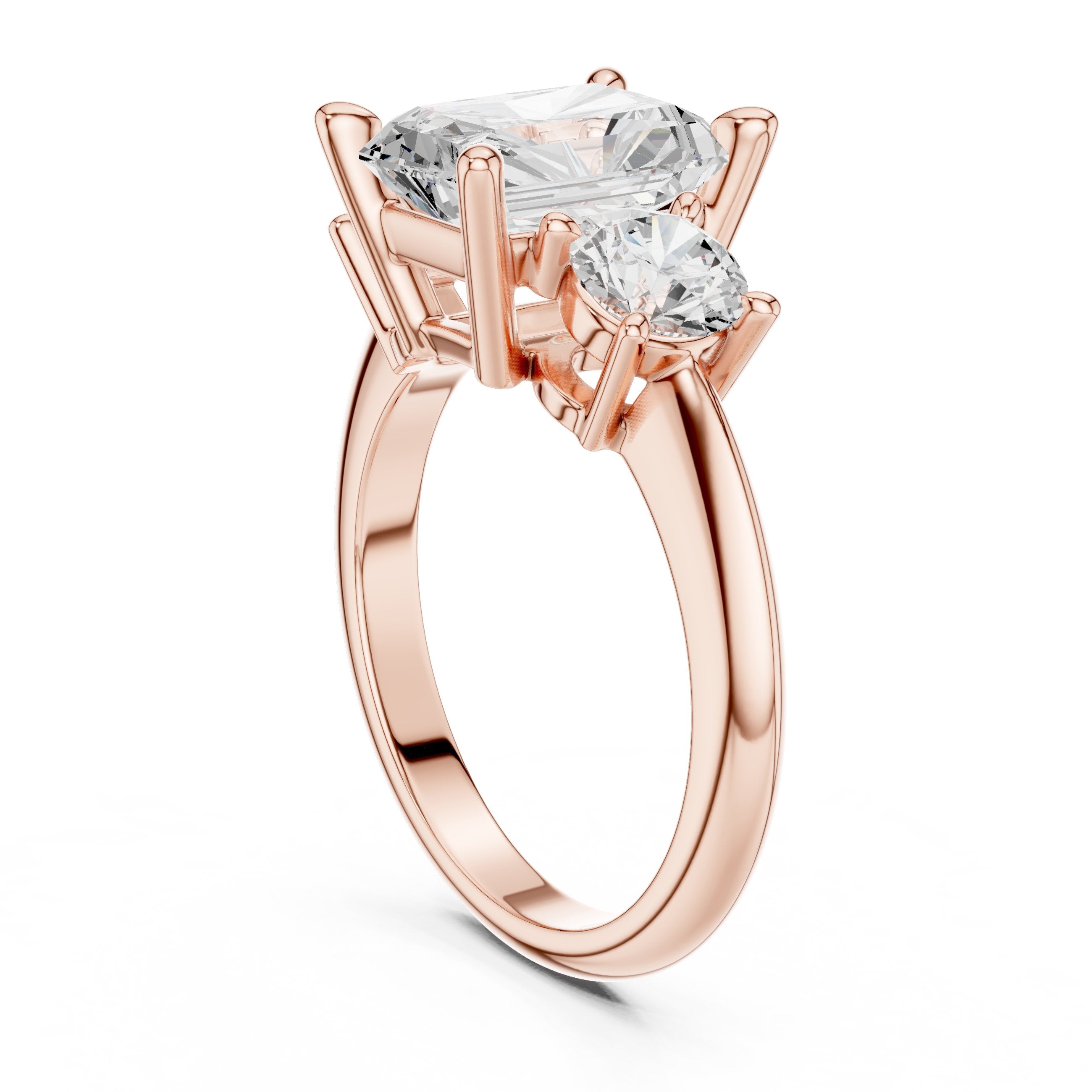 Radiant Cut Three Stone Engagement Ring with Round Sides in Rose Gold - VYKA Diamonds