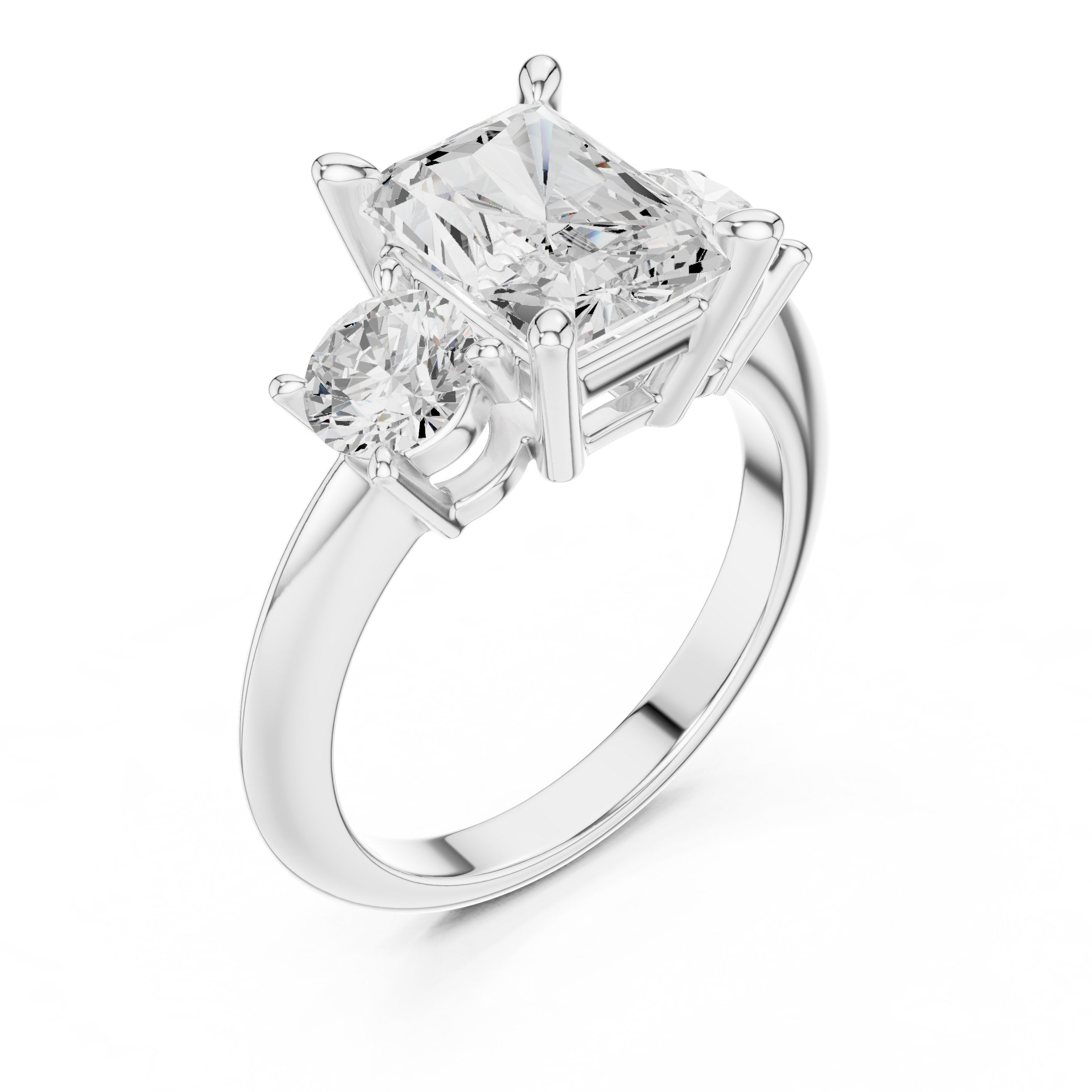 Radiant Cut Three Stone Engagement Ring with Round Sides in White Gold - VYKA Diamonds