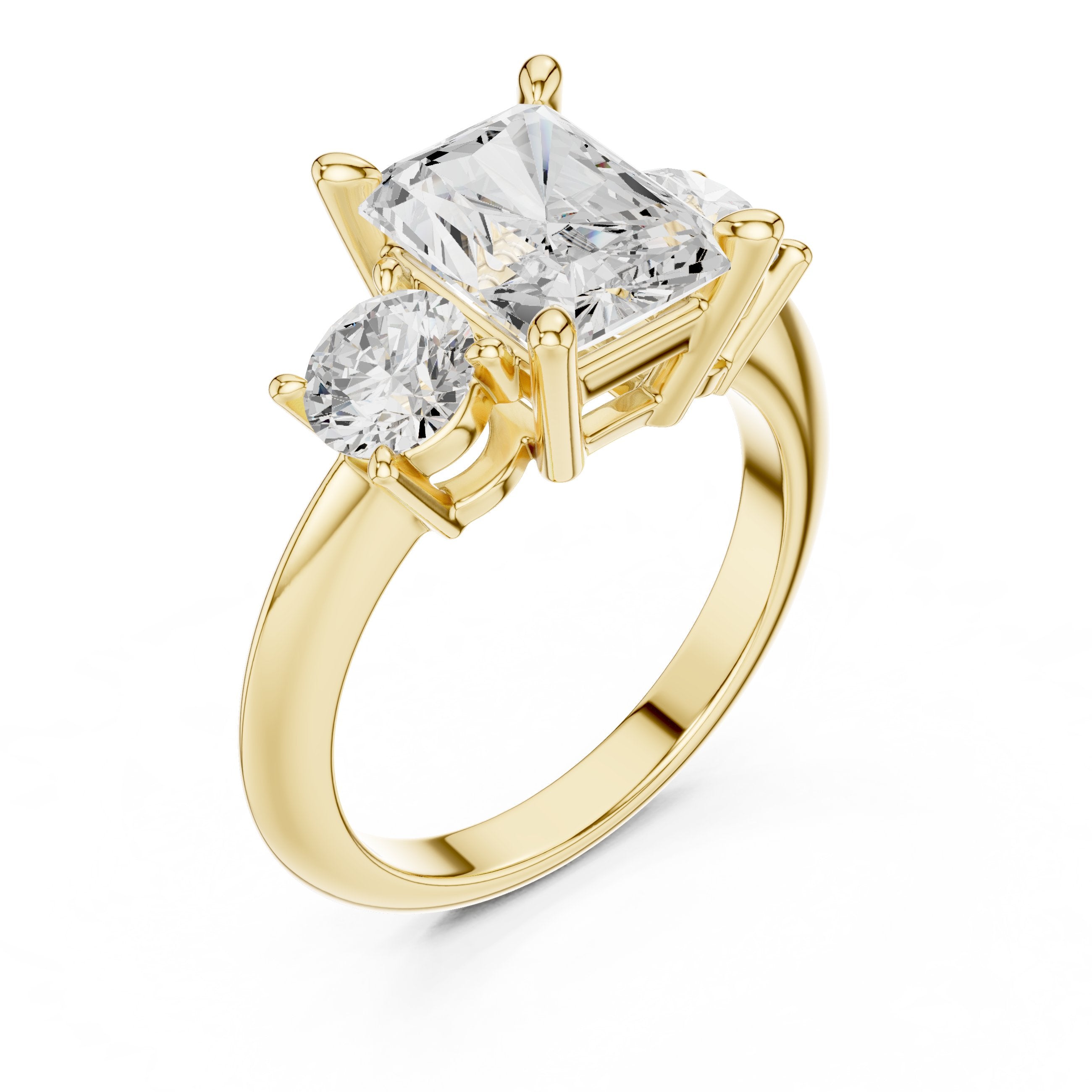 Radiant Cut Three Stone Engagement Ring with Round Sides in Yellow Gold - VYKA Diamonds