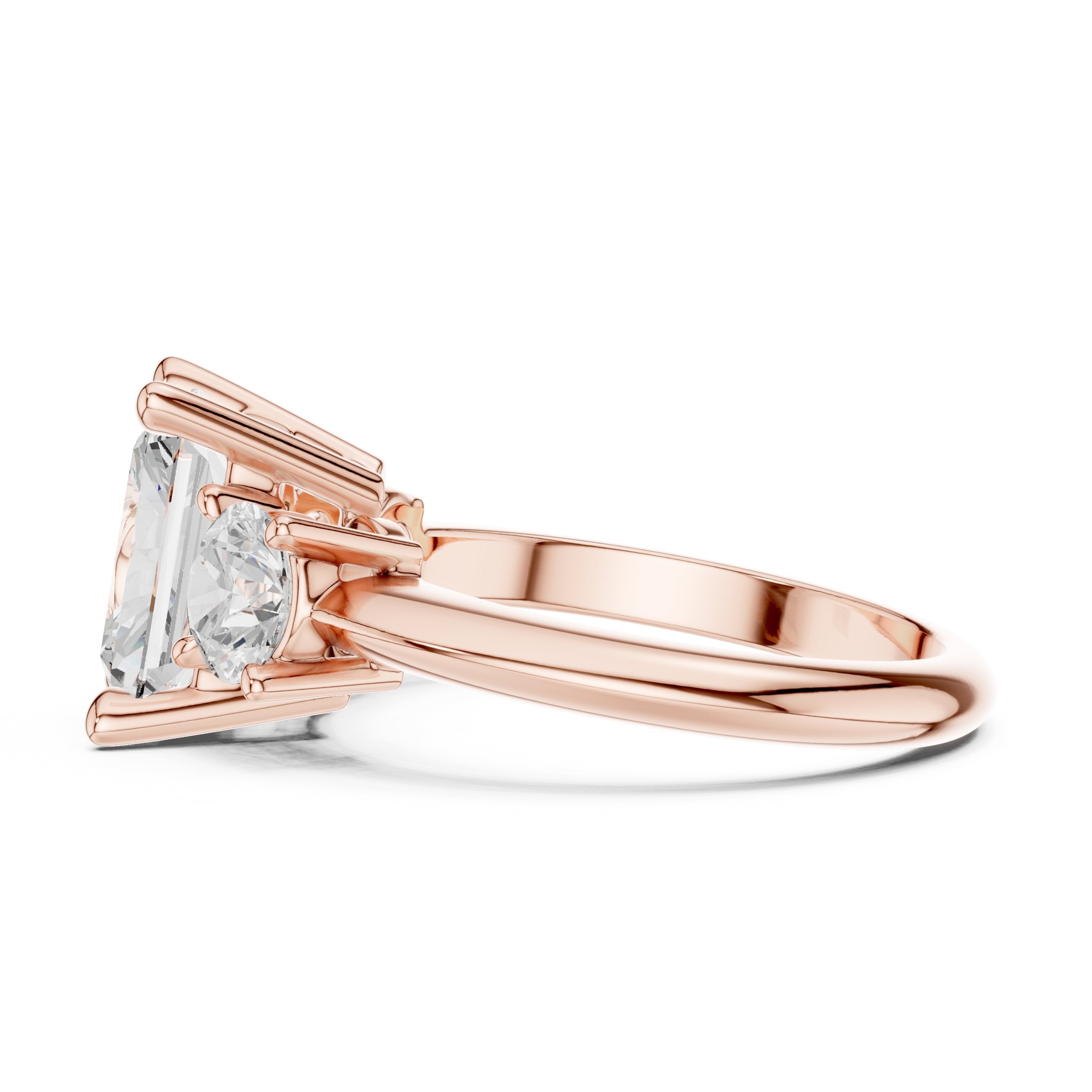 Radiant Cut Three Stone Engagement Ring with Round Sides in Rose Gold - VYKA Diamonds