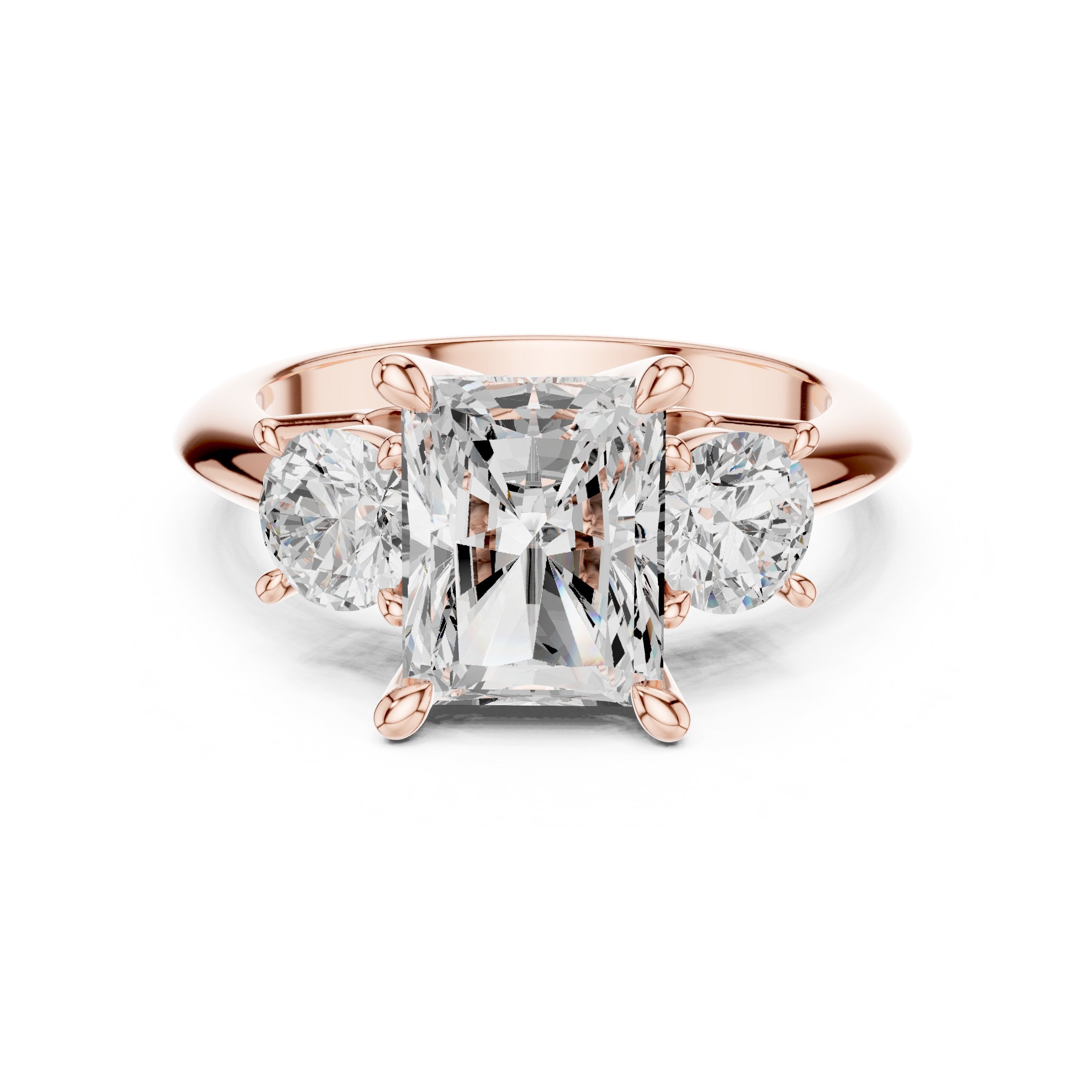 Radiant Cut Three Stone Engagement Ring with Round Sides in Rose Gold - VYKA Diamonds