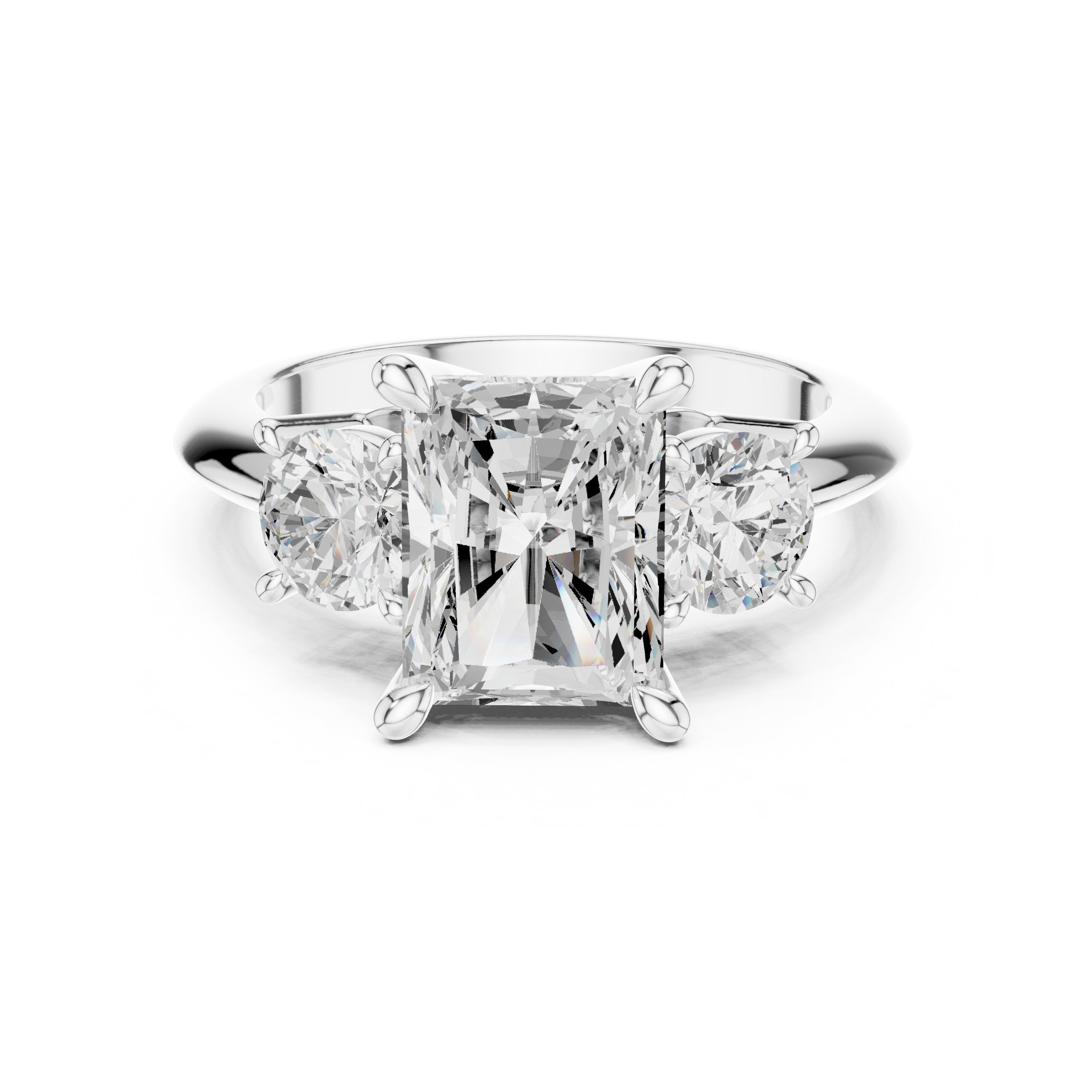Radiant Cut Three Stone Engagement Ring with Round Sides in White Gold - VYKA Diamonds