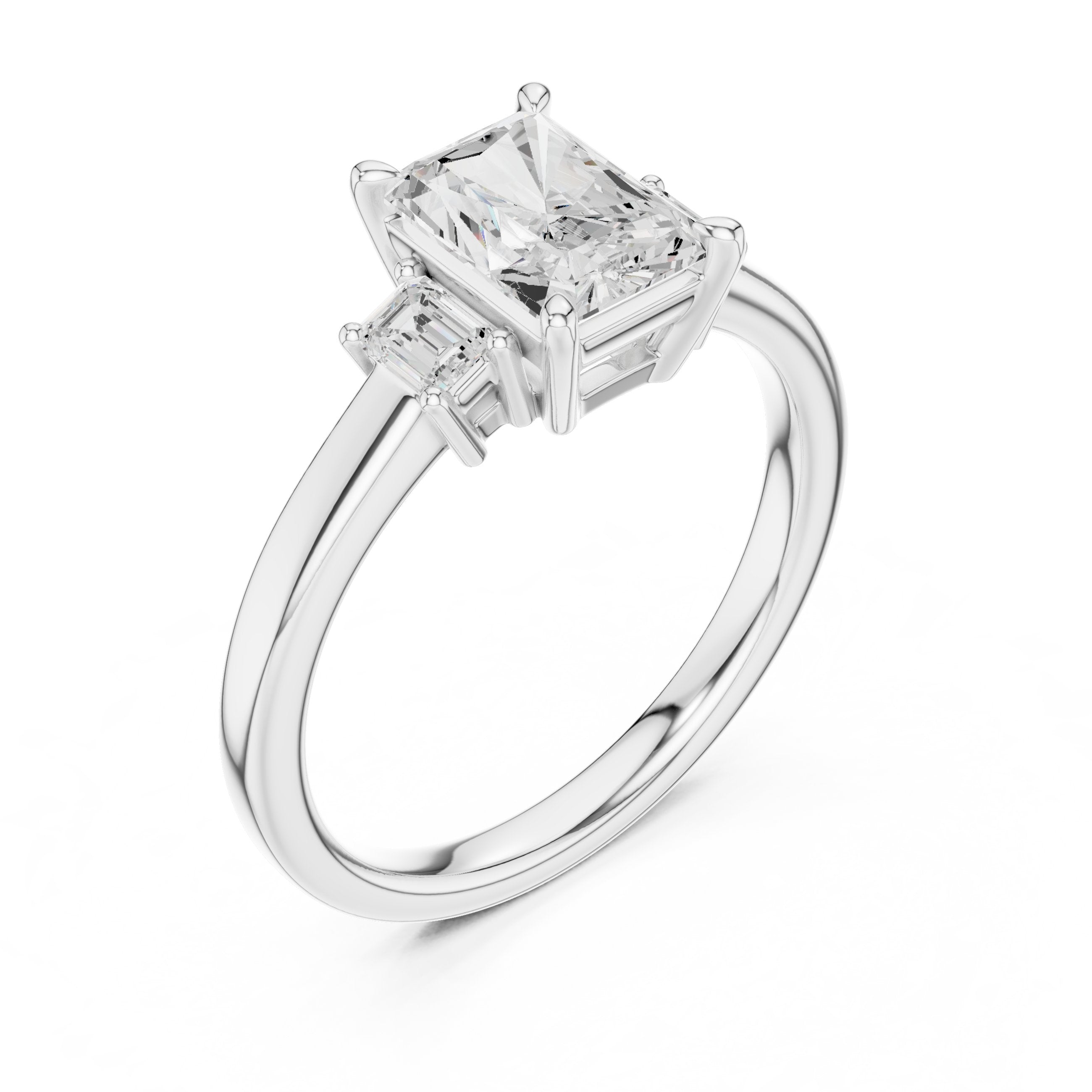 Radiant Cut Three Stone Engagement Ring with Emerald Sides in White Gold - VYKA Diamonds
