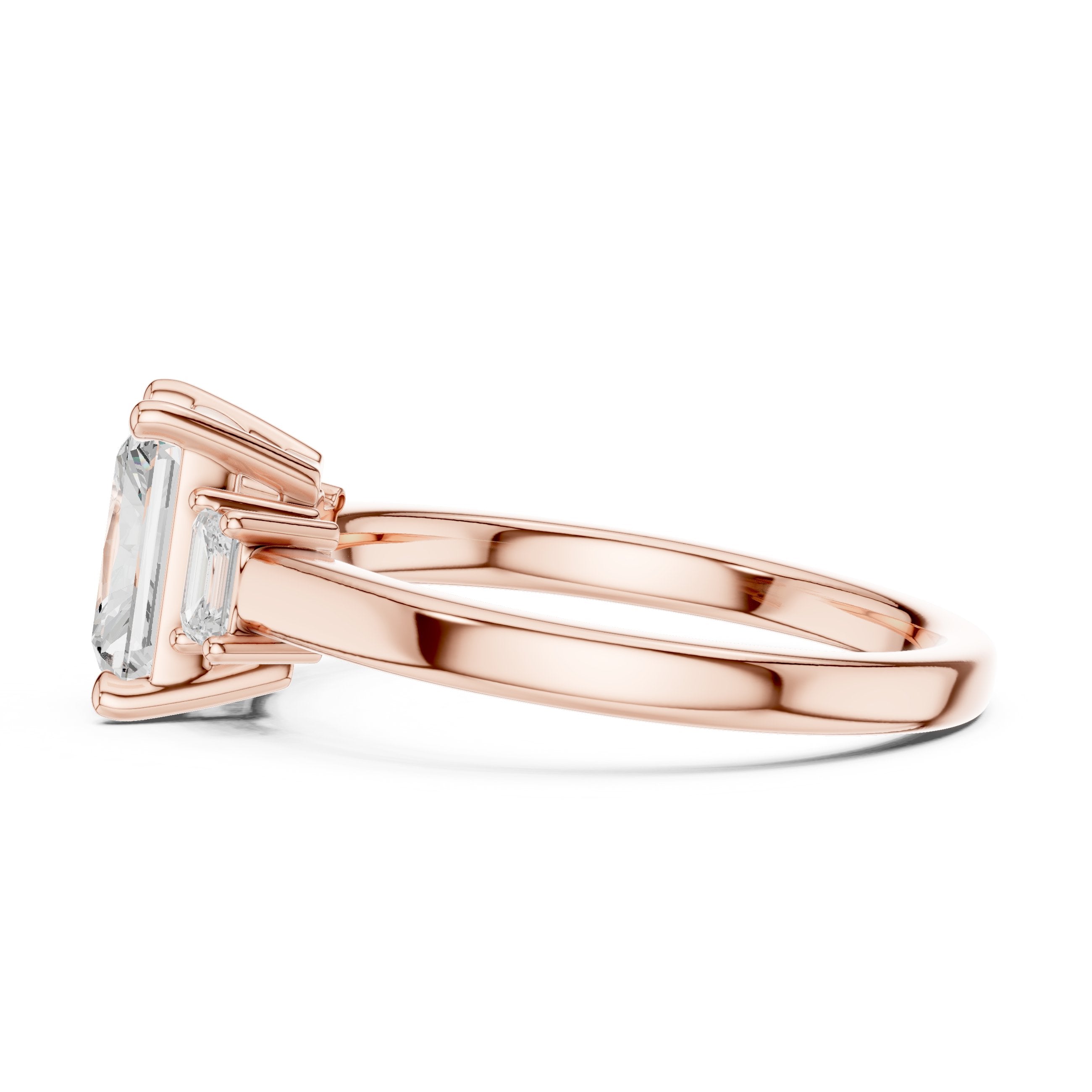 Radiant Cut Three Stone Engagement Ring with Emerald Sides in Rose Gold - VYKA Diamonds