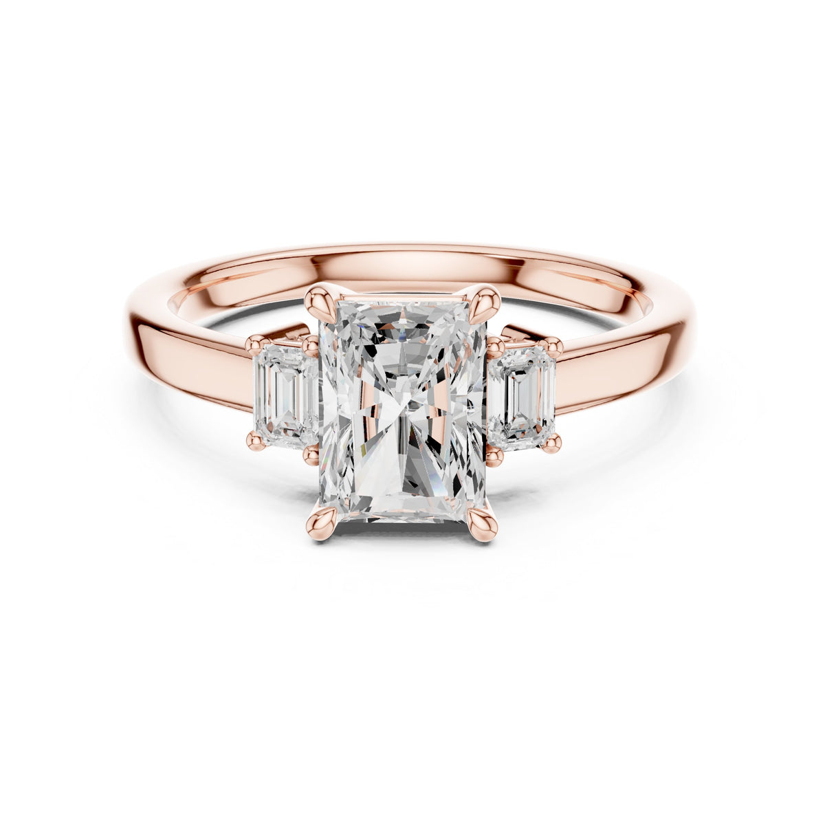 Radiant Cut Three Stone Engagement Ring with Emerald Sides