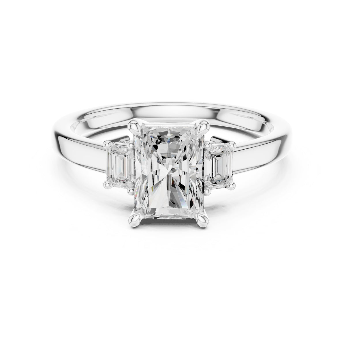 Radiant Cut Three Stone Engagement Ring with Emerald Sides