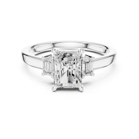 Radiant Cut Three Stone Engagement Ring with Emerald Sides