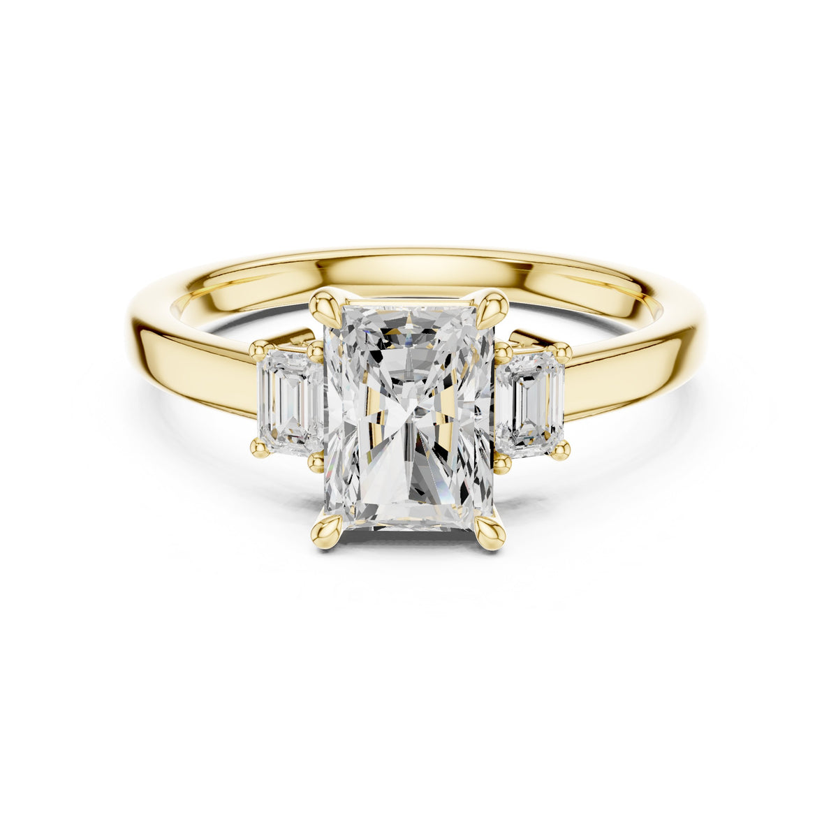 Radiant Cut Three Stone Engagement Ring with Emerald Sides