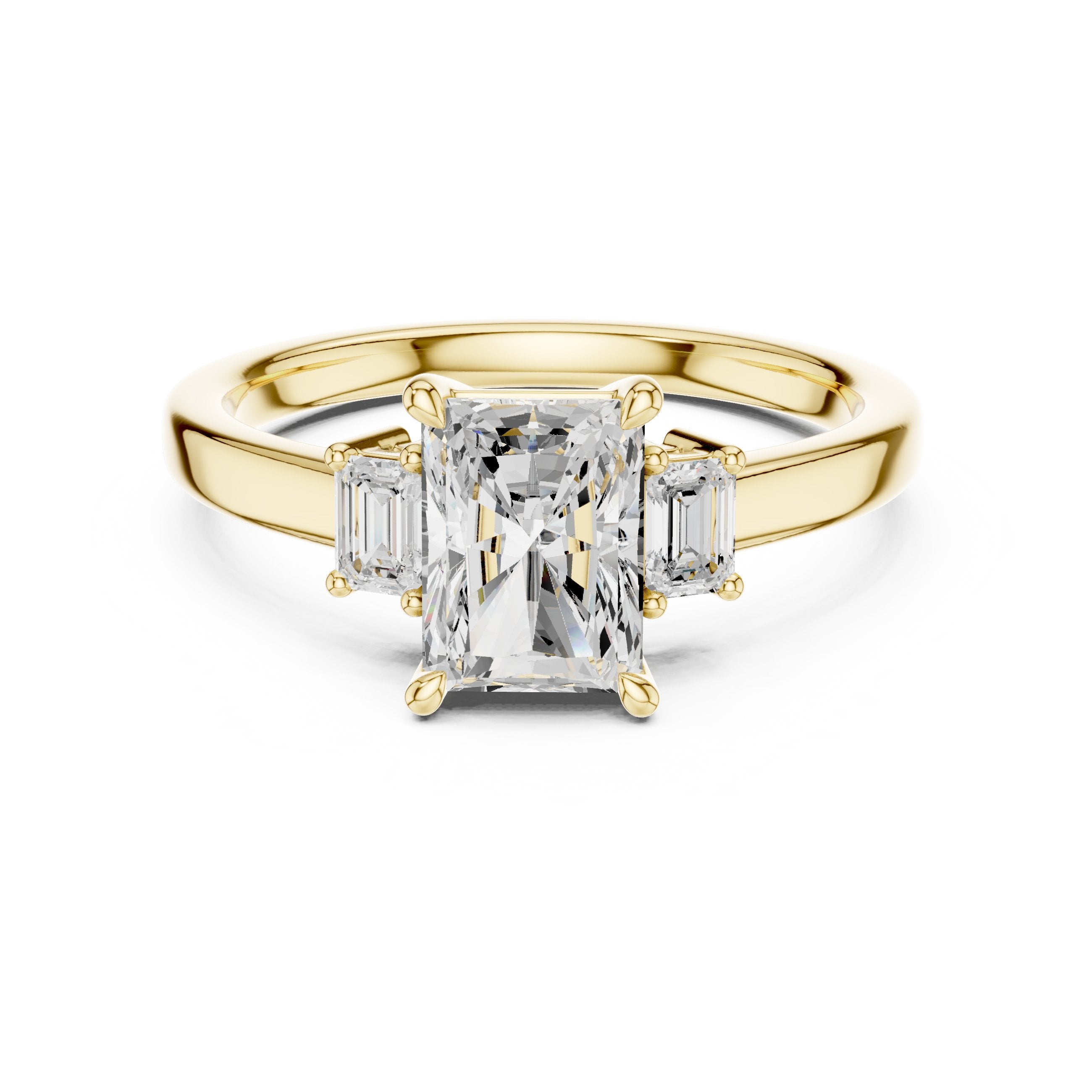 Radiant Cut Three Stone Engagement Ring with Emerald Sides in Yellow Gold - VYKA Diamonds