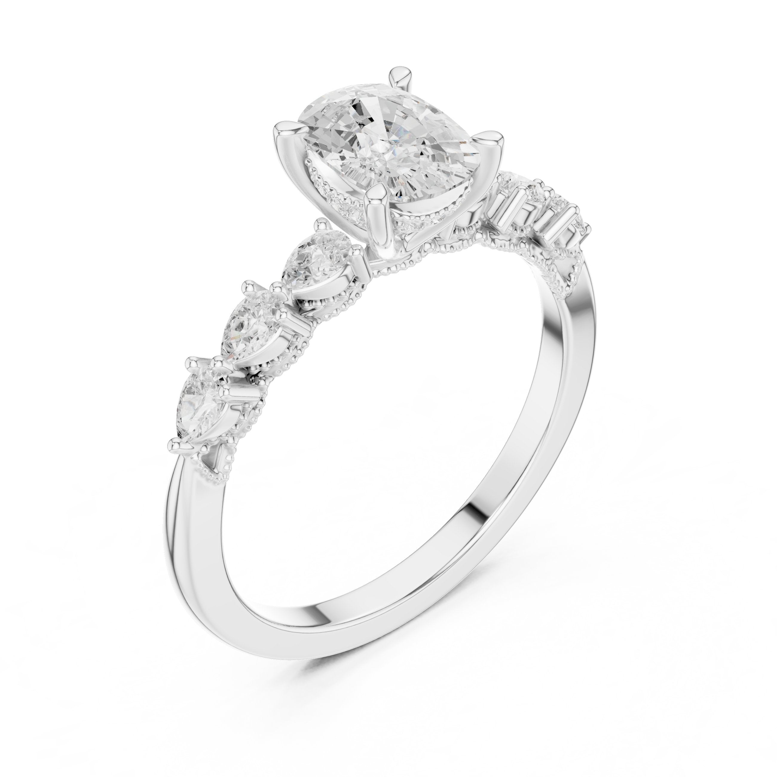 Oval Diamond Engagement Ring with Marquise and Round Side Accents in White Gold - VYKA Diamonds