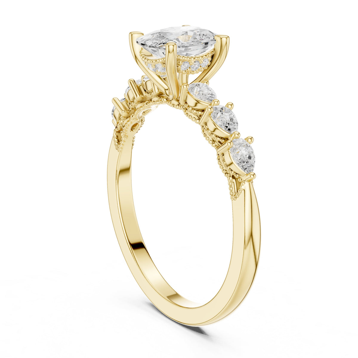 Oval Diamond Engagement Ring with Marquise and Round Side Accents