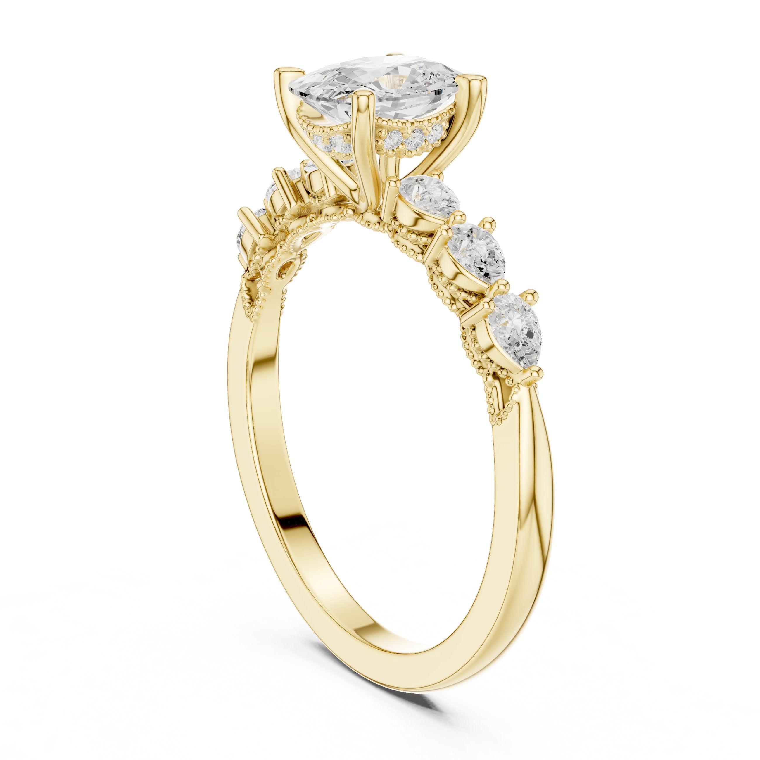Oval Diamond Engagement Ring with Marquise and Round Side Accents in Yellow Gold - VYKA Diamonds