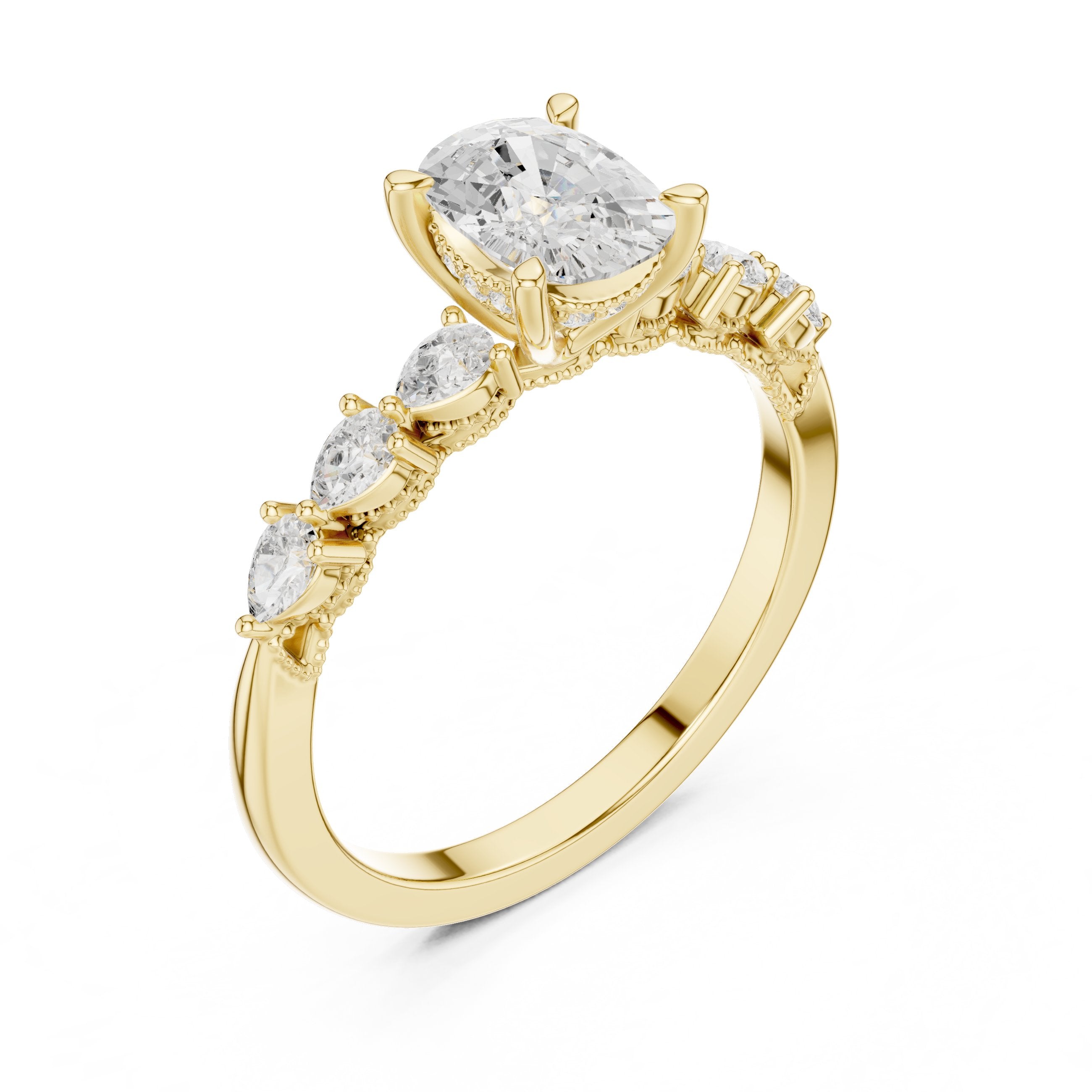 Oval Diamond Engagement Ring with Marquise and Round Side Accents in Yellow Gold - VYKA Diamonds