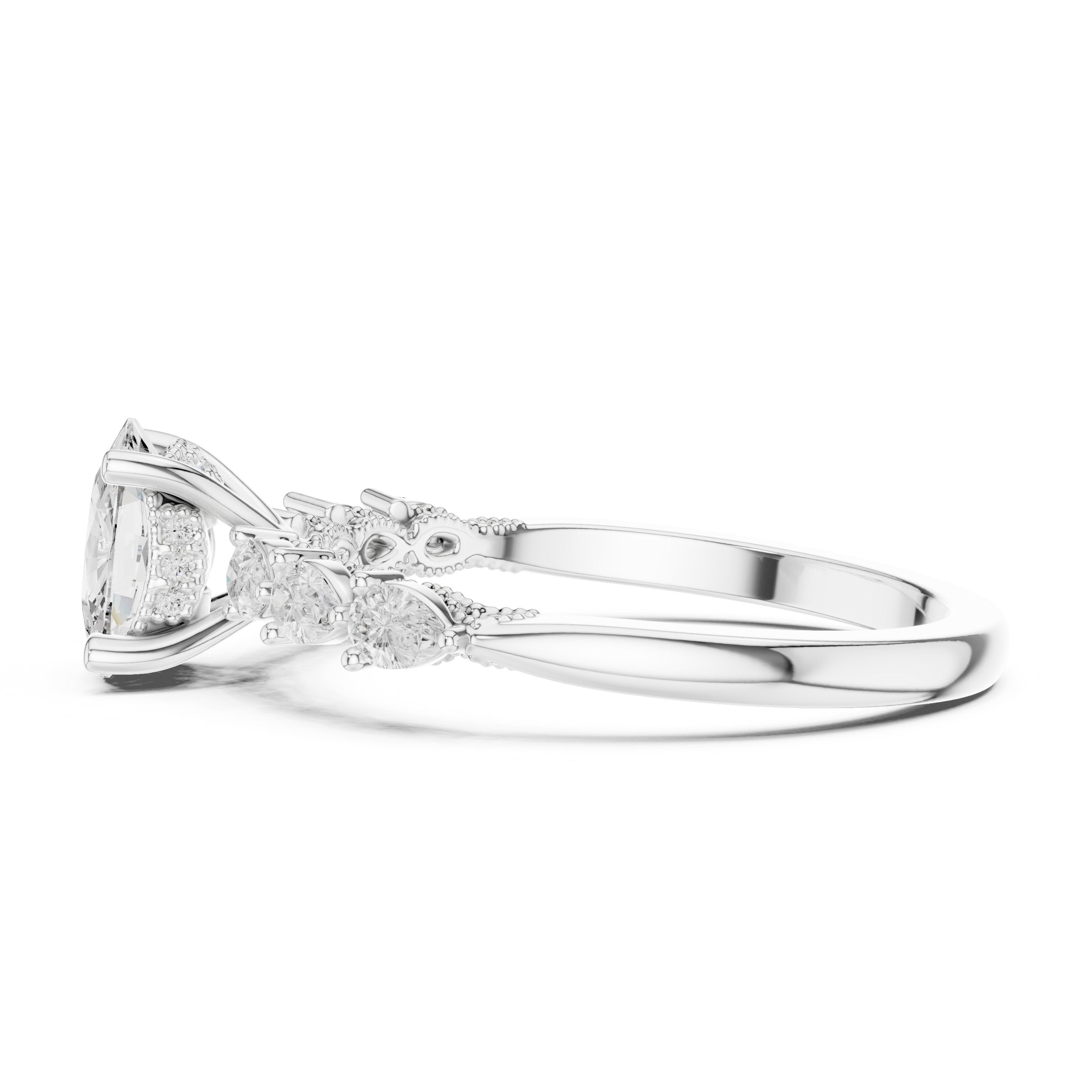 Oval Diamond Engagement Ring with Marquise and Round Side Accents in White Gold - VYKA Diamonds