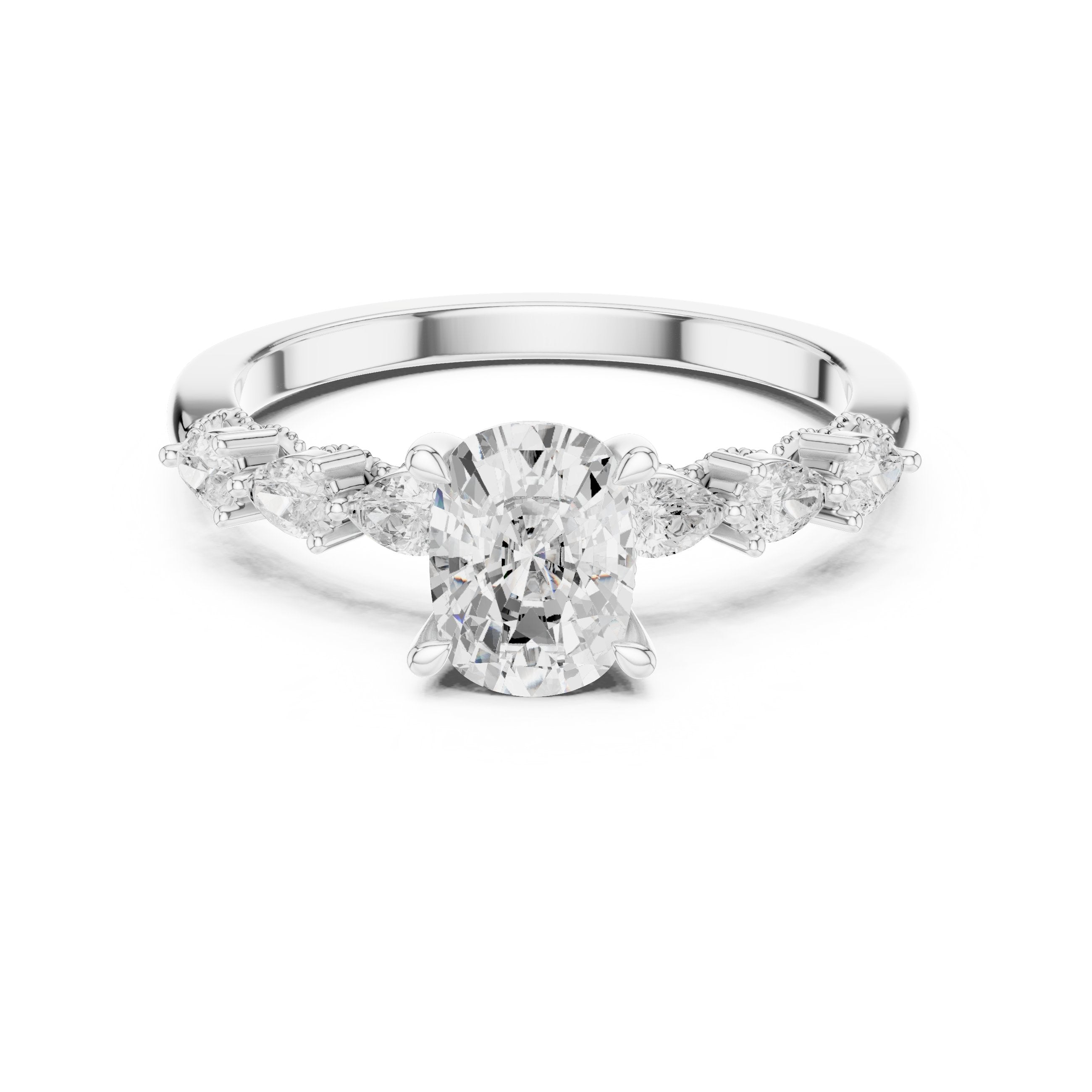 Oval Diamond Engagement Ring with Marquise and Round Side Accents in White Gold - VYKA Diamonds