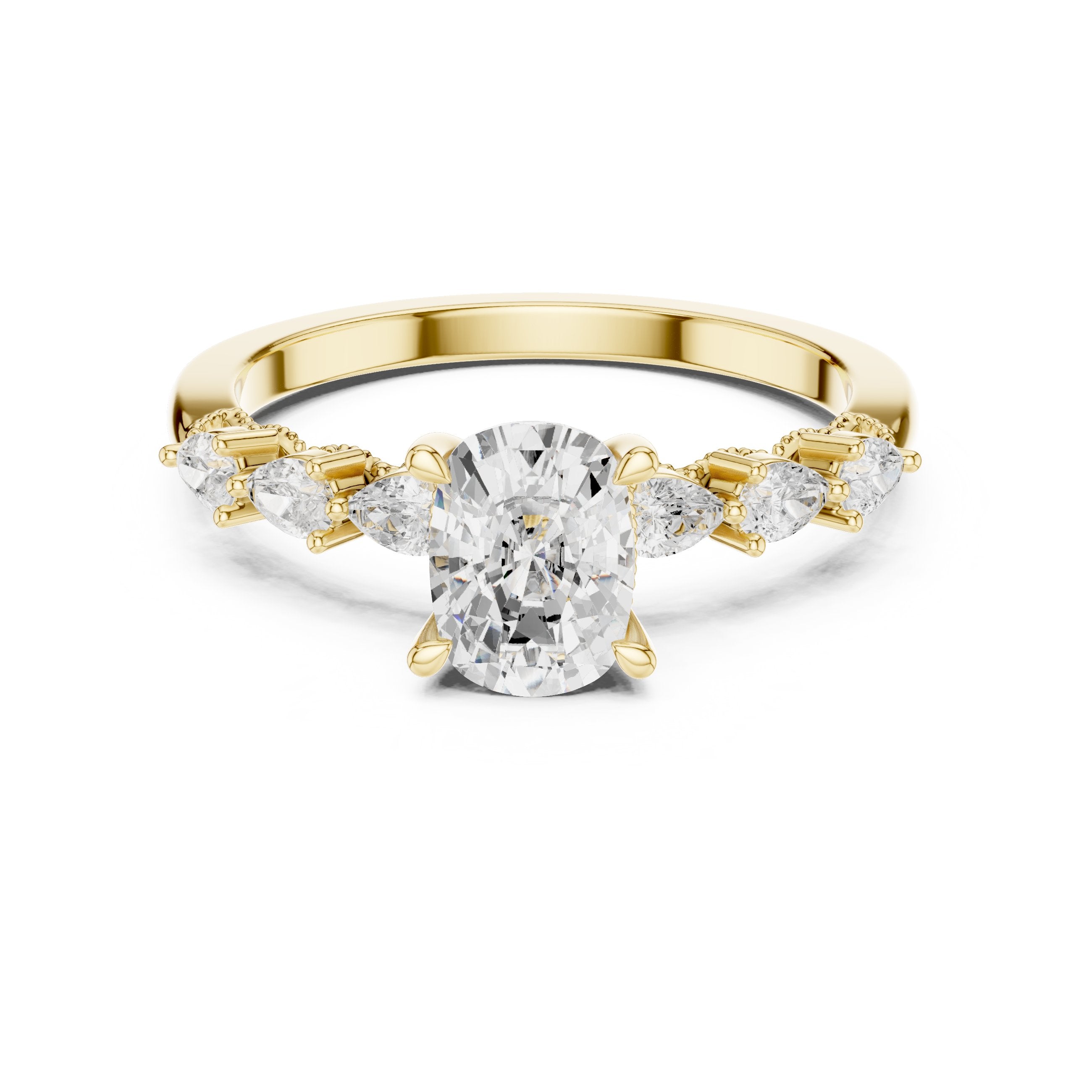 Oval Diamond Engagement Ring with Marquise and Round Side Accents in Yellow Gold - VYKA Diamonds
