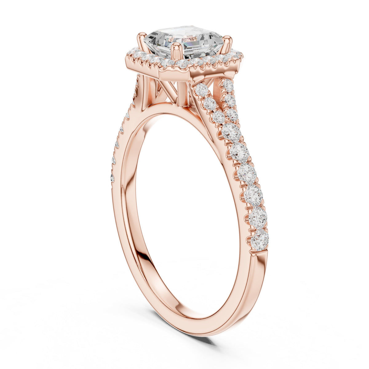 Asscher Cut Halo Engagement Ring with Split Shank Pavé Band