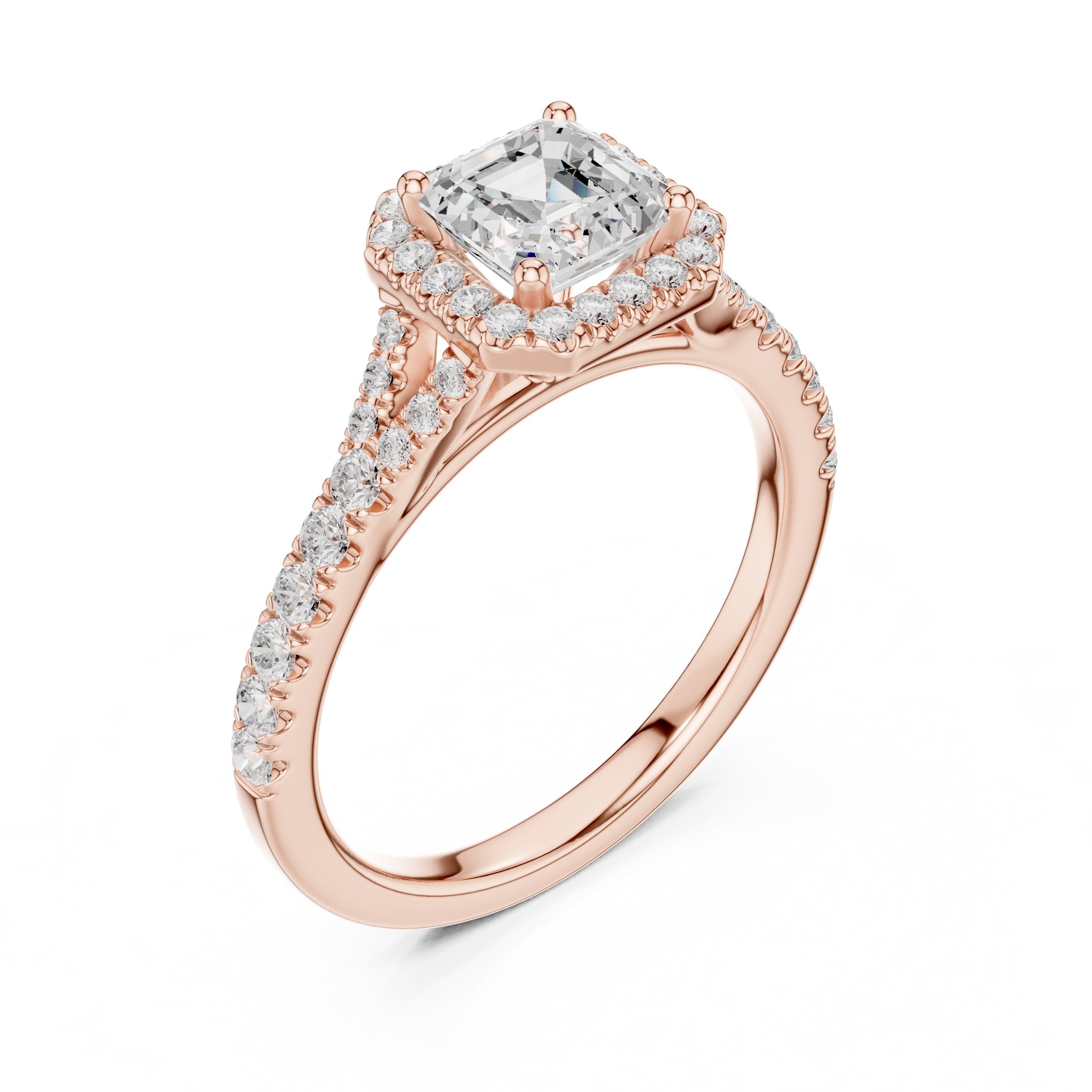 Asscher Cut Halo Engagement Ring with Split Shank Pavé Band in Rose Gold - VYKA Diamonds