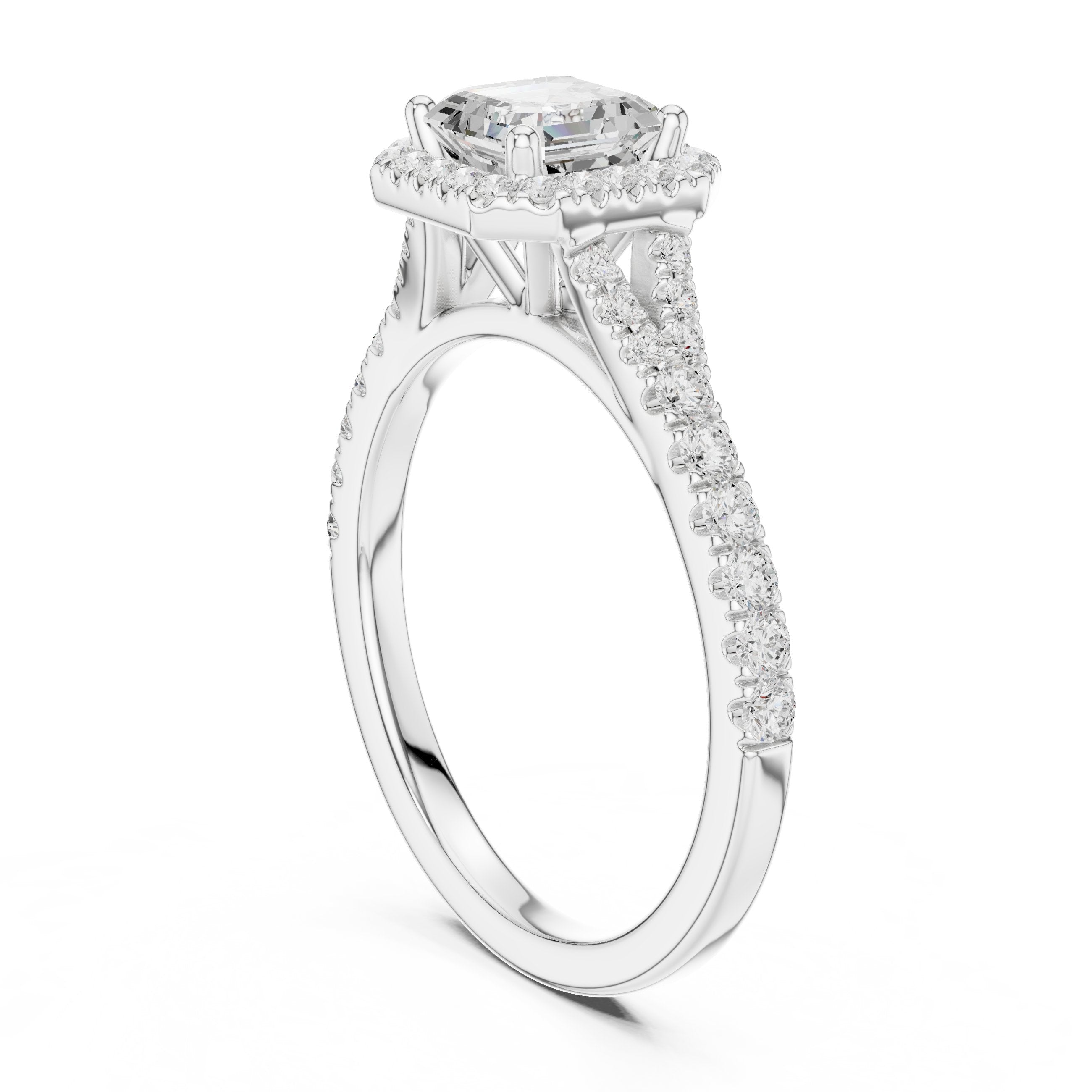 Asscher Cut Halo Engagement Ring with Split Shank Pavé Band in White Gold - VYKA Diamonds