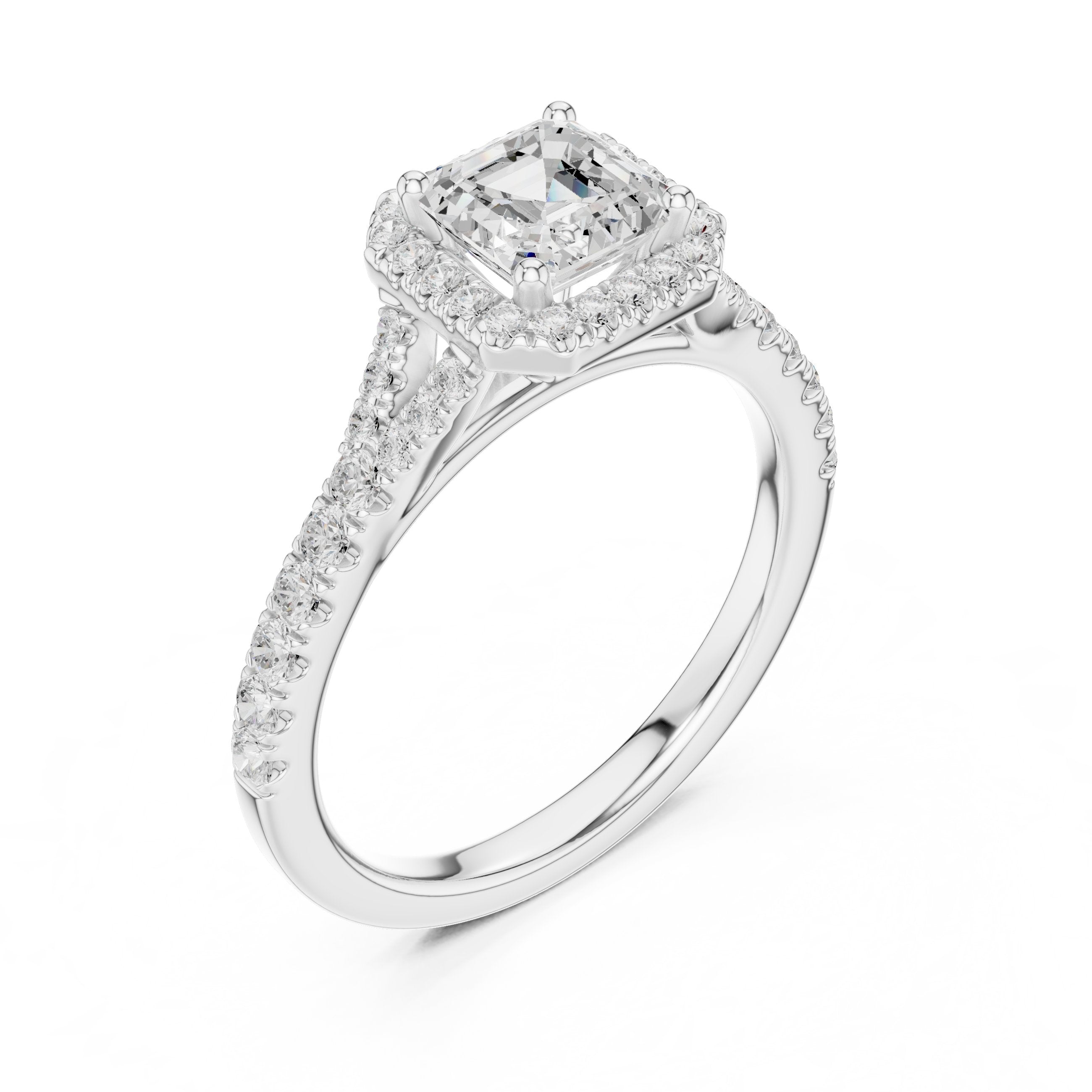Asscher Cut Halo Engagement Ring with Split Shank Pavé Band in White Gold - VYKA Diamonds