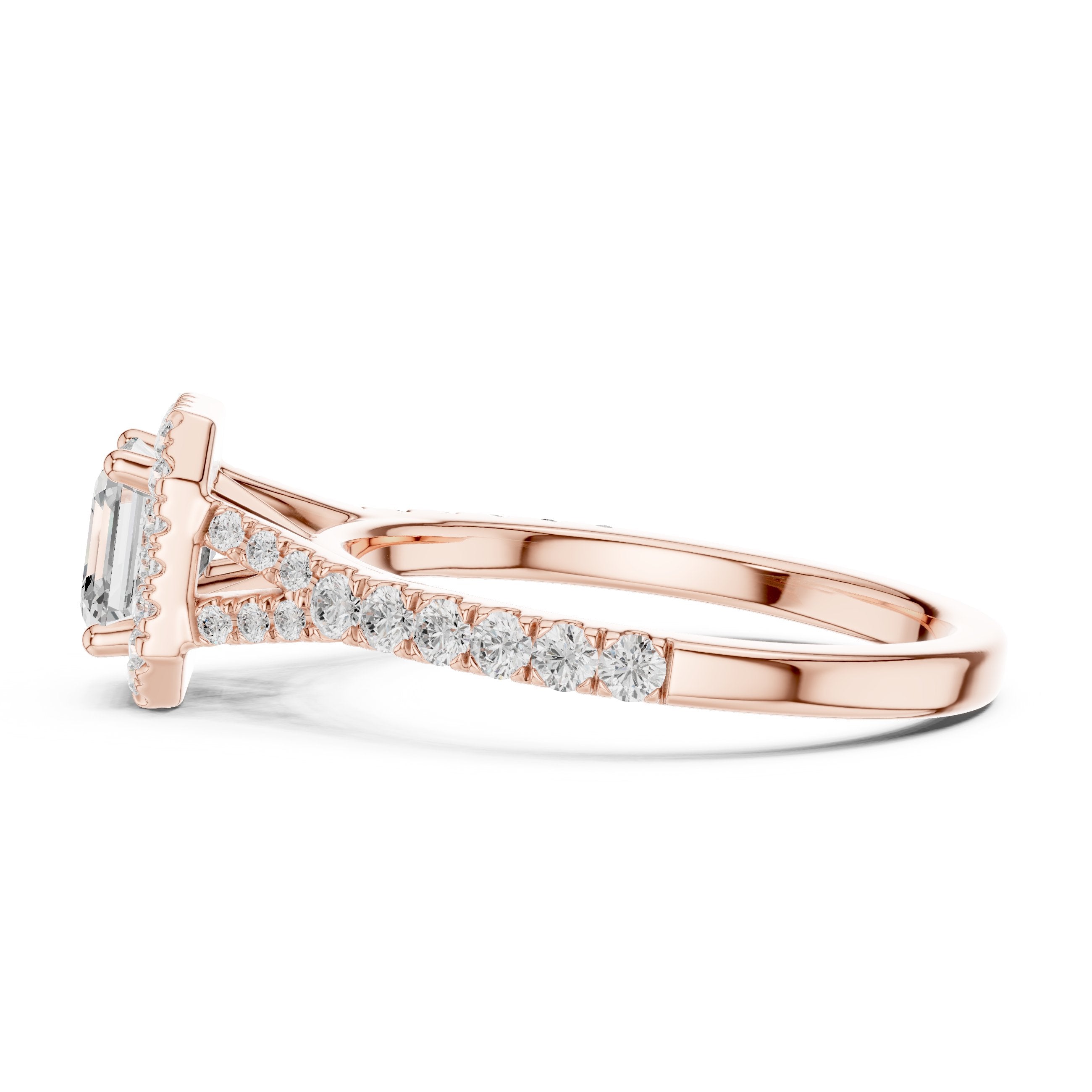 Asscher Cut Halo Engagement Ring with Split Shank Pavé Band in Rose Gold - VYKA Diamonds