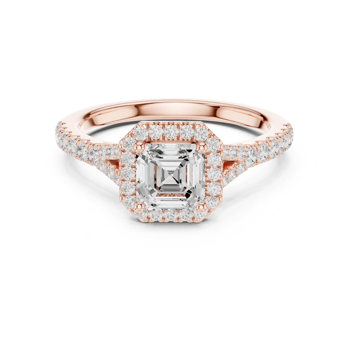 Asscher Cut Halo Engagement Ring with Split Shank Pavé Band