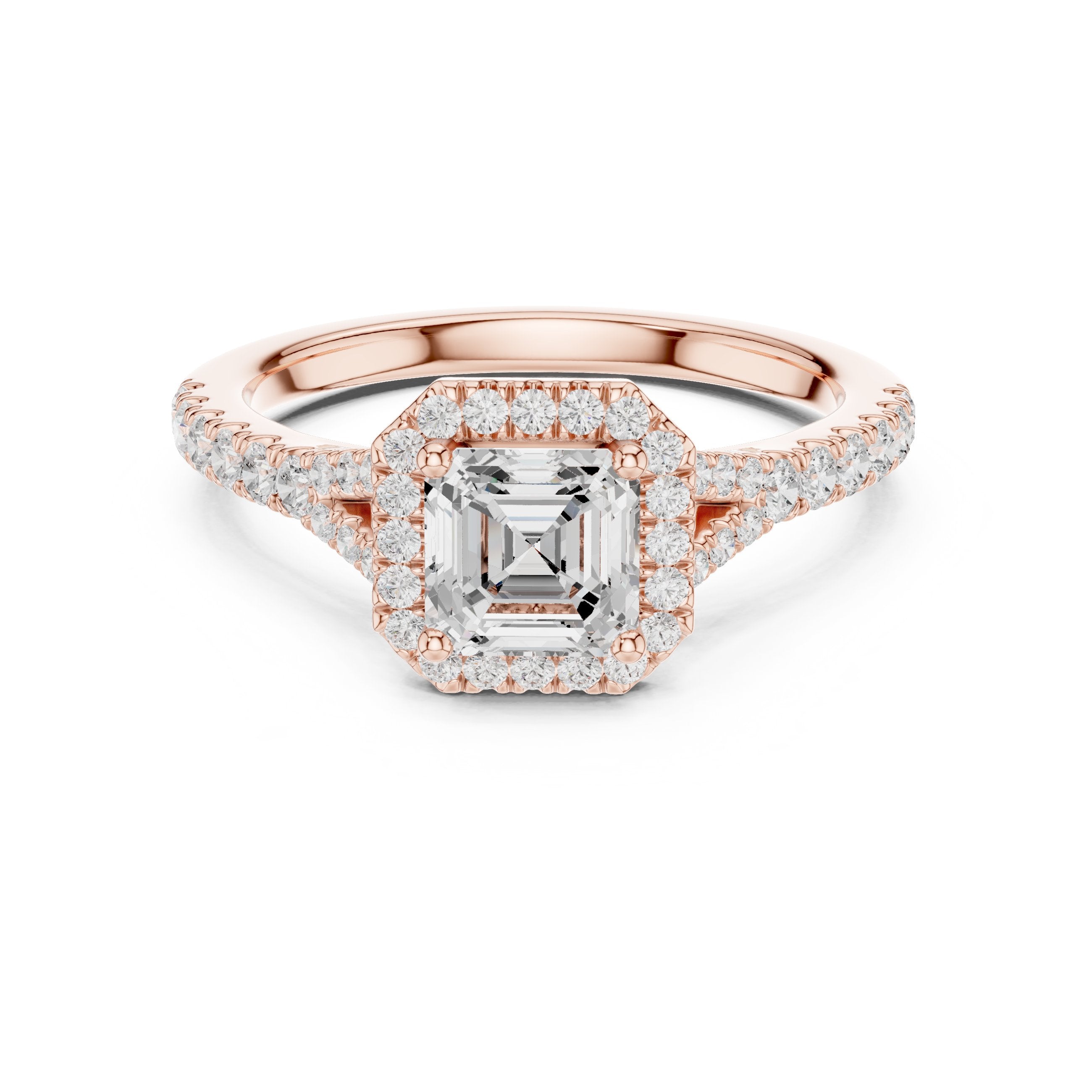 Asscher Cut Halo Engagement Ring with Split Shank Pavé Band in Rose Gold - VYKA Diamonds