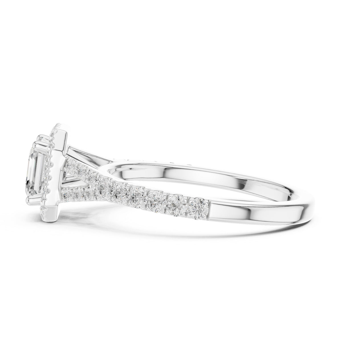 Asscher Cut Halo Engagement Ring with Split Shank Pavé Band